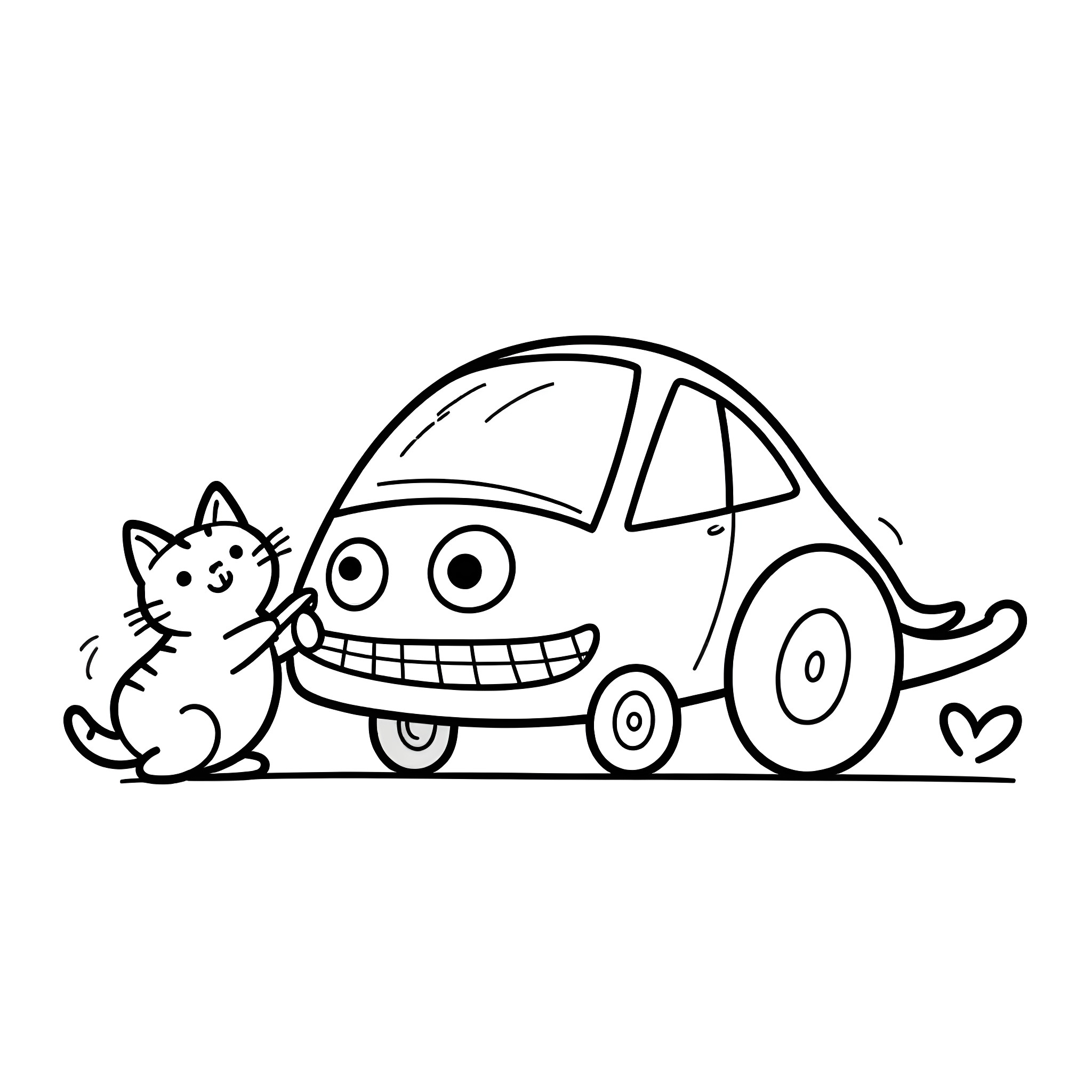Car with cat playing happily Coloring Page (free black-and-white line drawing printable PDF for all, from beginners to advanced learners, including children, teens, adults, and seniors)