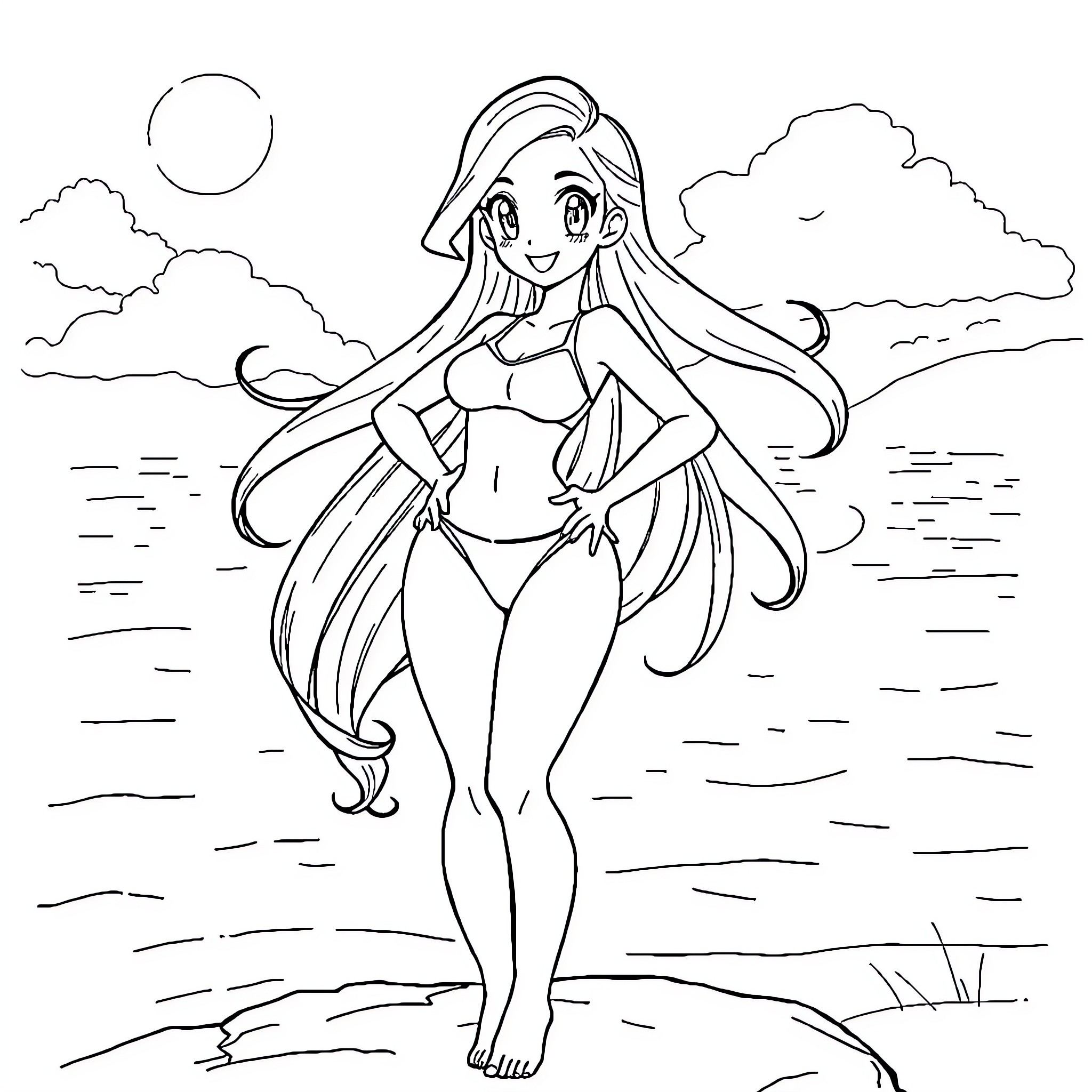 Nessa enjoying the beach scenery Coloring Page (free black-and-white line drawing printable PDF for all, from beginners to advanced learners, including children, teens, adults, and seniors)