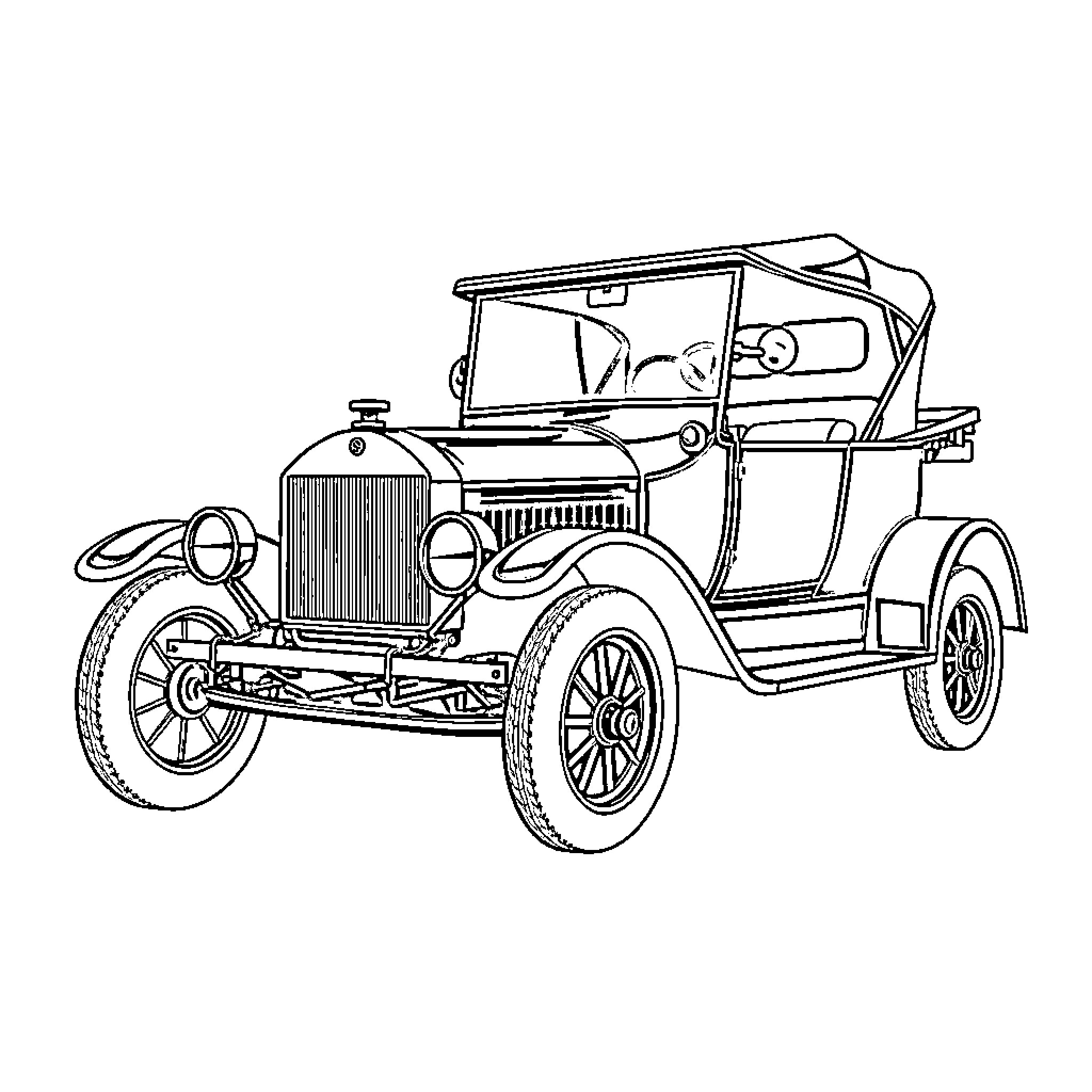 Model T Vintage Automobile Illustration Coloring Page (free black-and-white line drawing printable PDF for all, from beginners to advanced learners, including children, teens, adults, and seniors)