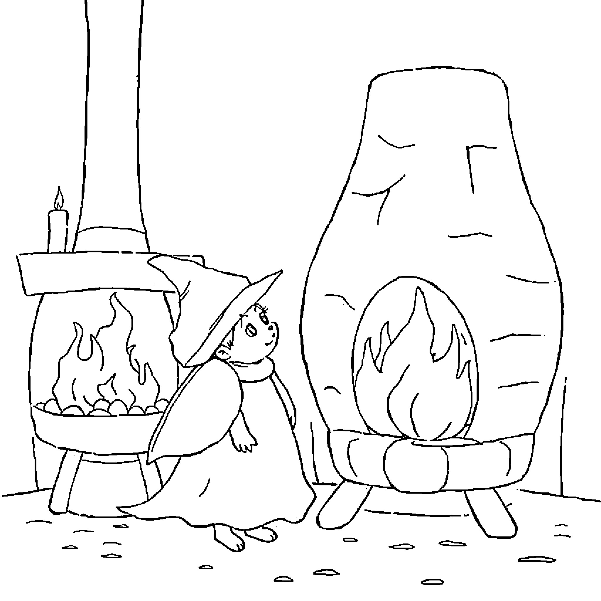 Witch cooking magical potion by the fire Coloring Page (free black-and-white line drawing printable PDF for all, from beginners to advanced learners, including children, teens, adults, and seniors)