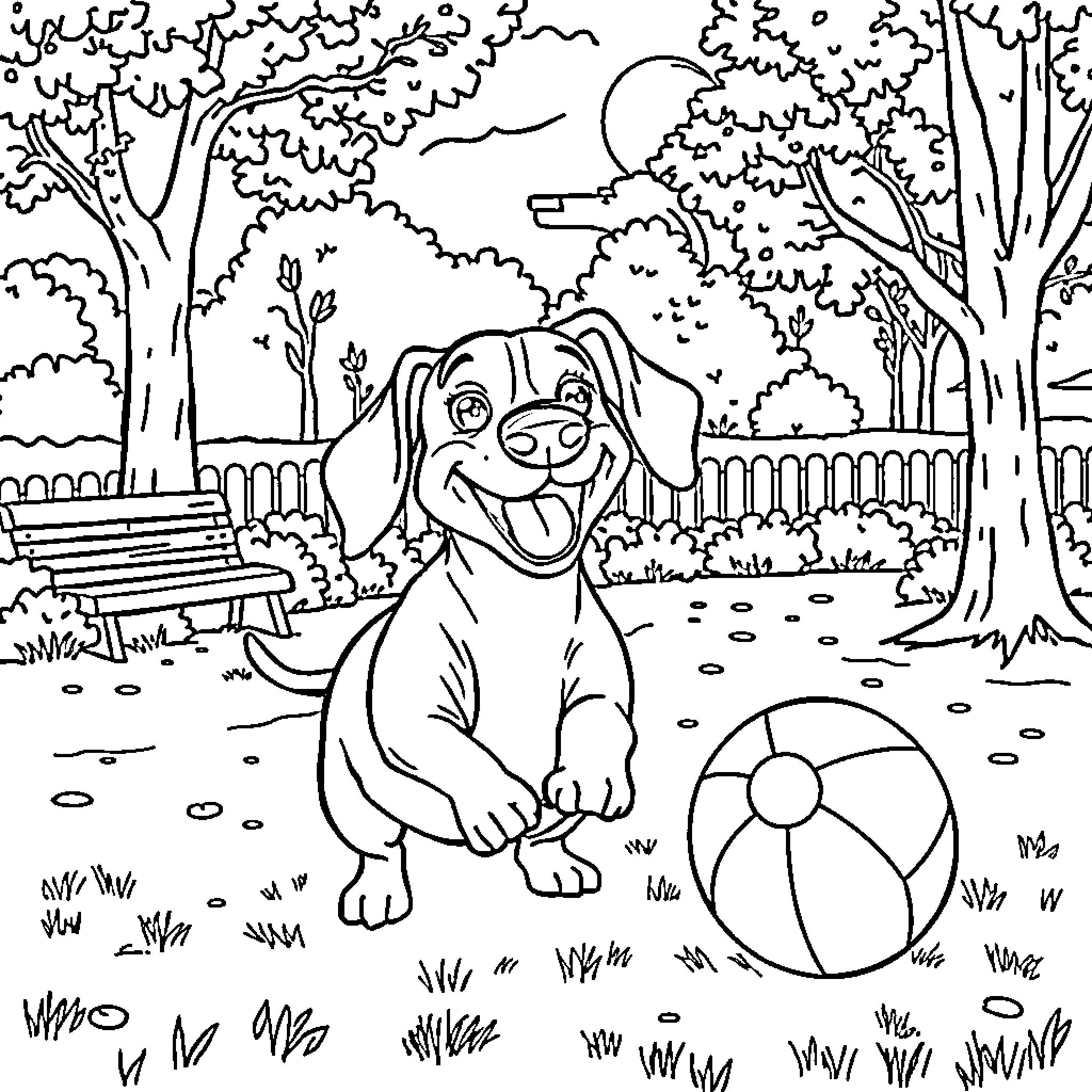 Sausage Dog having fun in the park Coloring Page (free black-and-white line drawing printable PDF for all, from beginners to advanced learners, including children, teens, adults, and seniors)