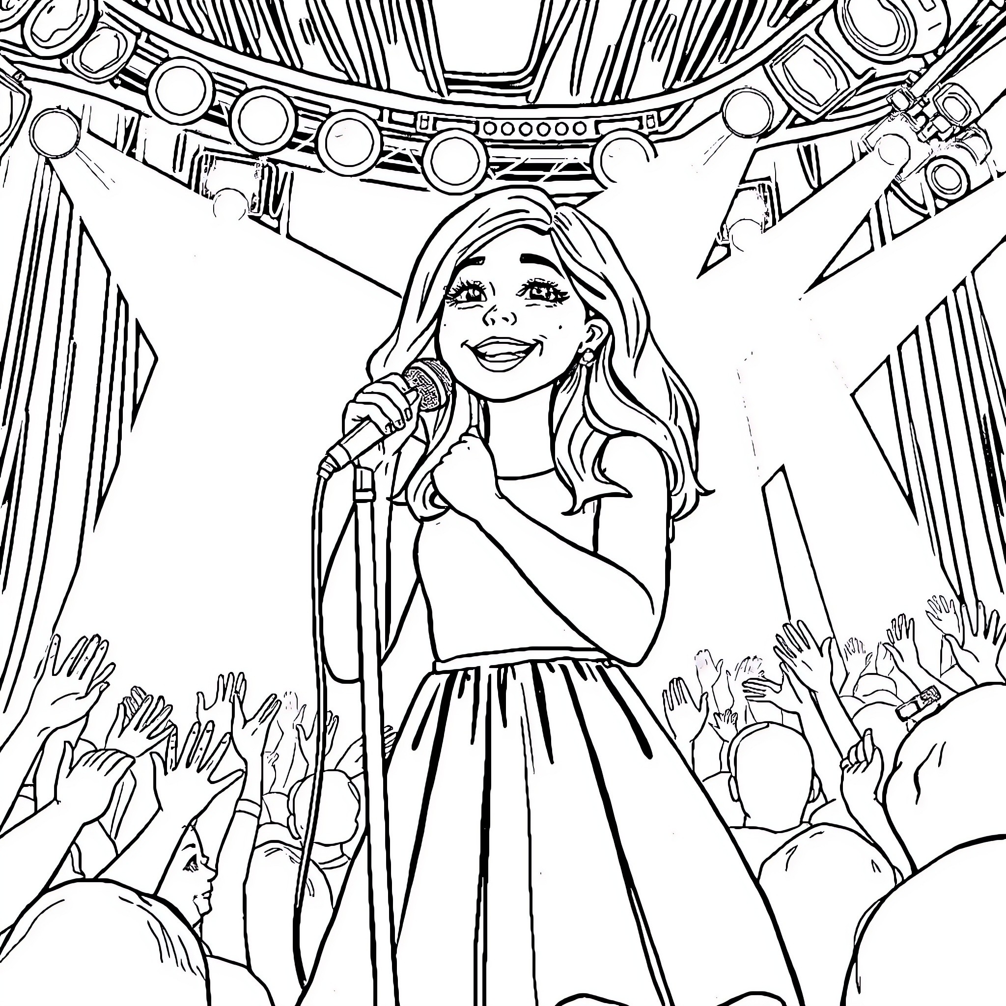 Girl singing on stage with cheering crowd Coloring Page (free black-and-white line drawing printable PDF for all, from beginners to advanced learners, including children, teens, adults, and seniors)