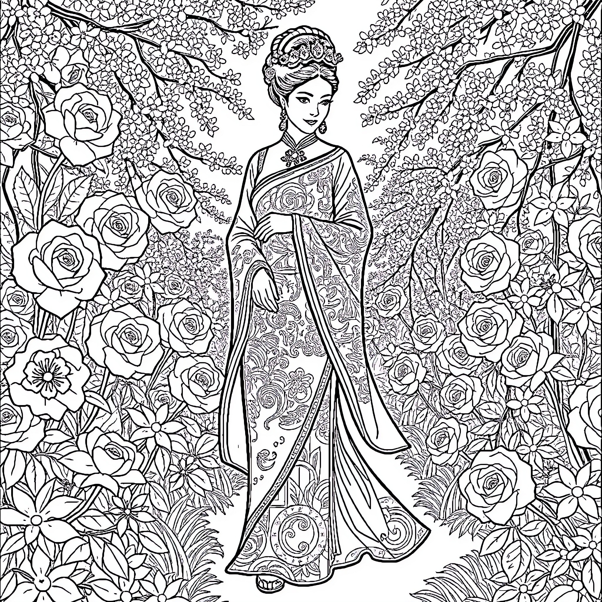 Empress Adorned in Floral Splendor Coloring Page (free black-and-white line drawing printable PDF for all, from beginners to advanced learners, including children, teens, adults, and seniors)