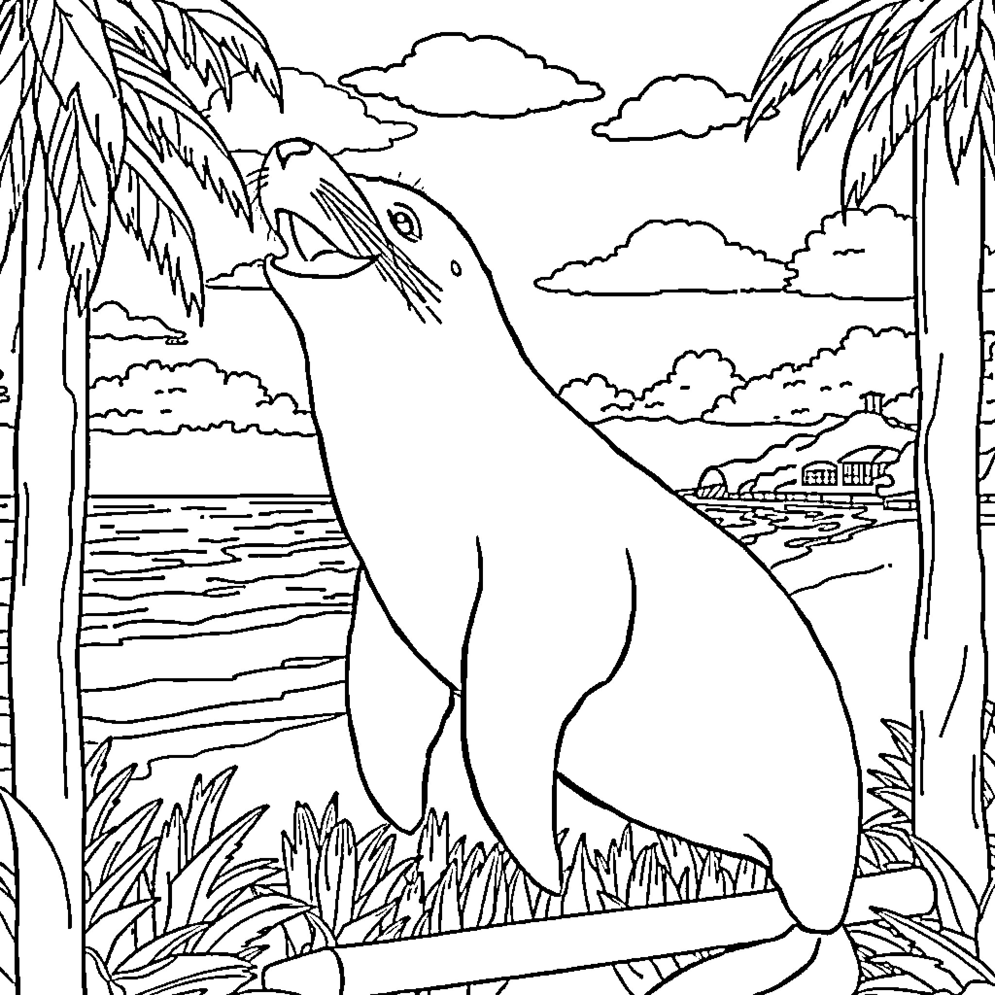 Sea Lion Basking on Tropical Beach Coloring Page (free black-and-white line drawing printable PDF for all, from beginners to advanced learners, including children, teens, adults, and seniors)