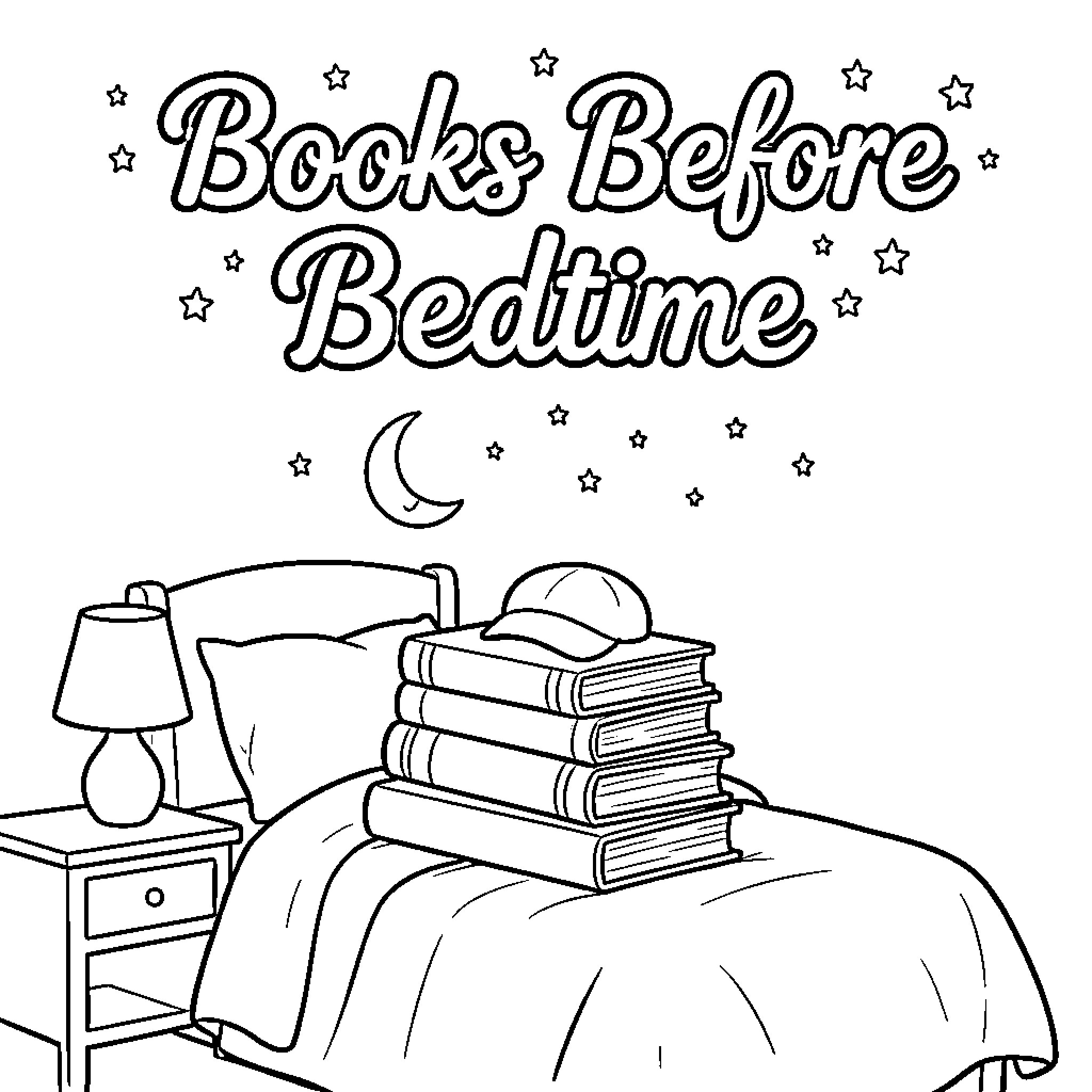Book Time Before Bedtime Coloring Page (free black-and-white line drawing printable PDF for all, from beginners to advanced learners, including children, teens, adults, and seniors)