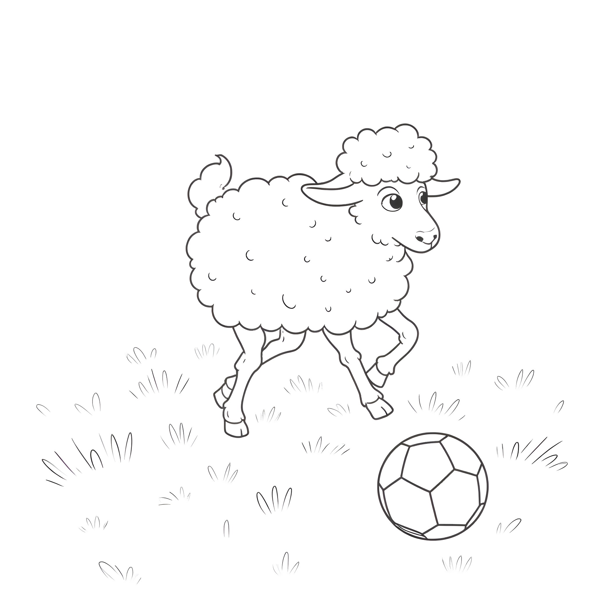 Baa Sheep playing with soccer ball in field Coloring Page (free black-and-white line drawing printable PDF for all, from beginners to advanced learners, including children, teens, adults, and seniors)