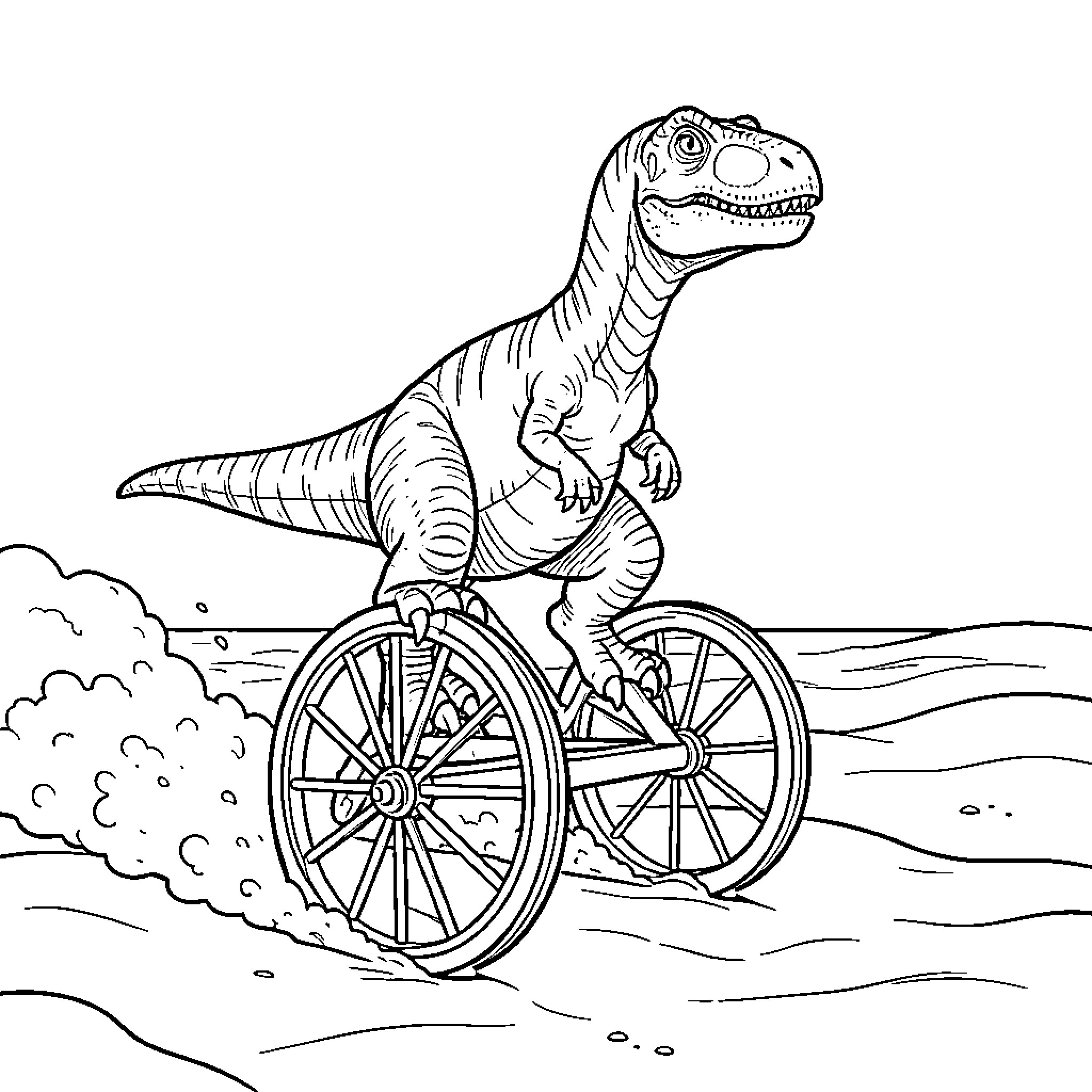 Dinosaur riding a unicycle across sandy dunes Coloring Page (free black-and-white line drawing printable PDF for all, from beginners to advanced learners, including children, teens, adults, and seniors)