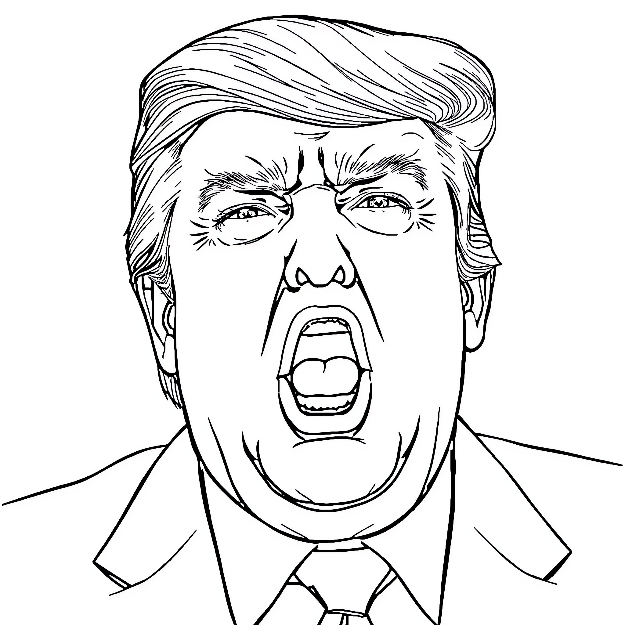 Donald Trump Shouting Passionately in Black and White Coloring Page (free black-and-white line drawing printable PDF for all, from beginners to advanced learners, including children, teens, adults, and seniors)
