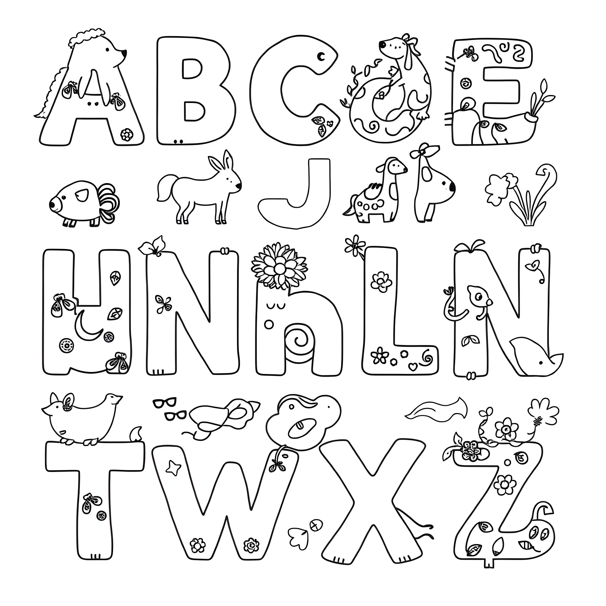 Alphabet of whimsical animal drawings Coloring Page (free black-and-white line drawing printable PDF for all, from beginners to advanced learners, including children, teens, adults, and seniors)