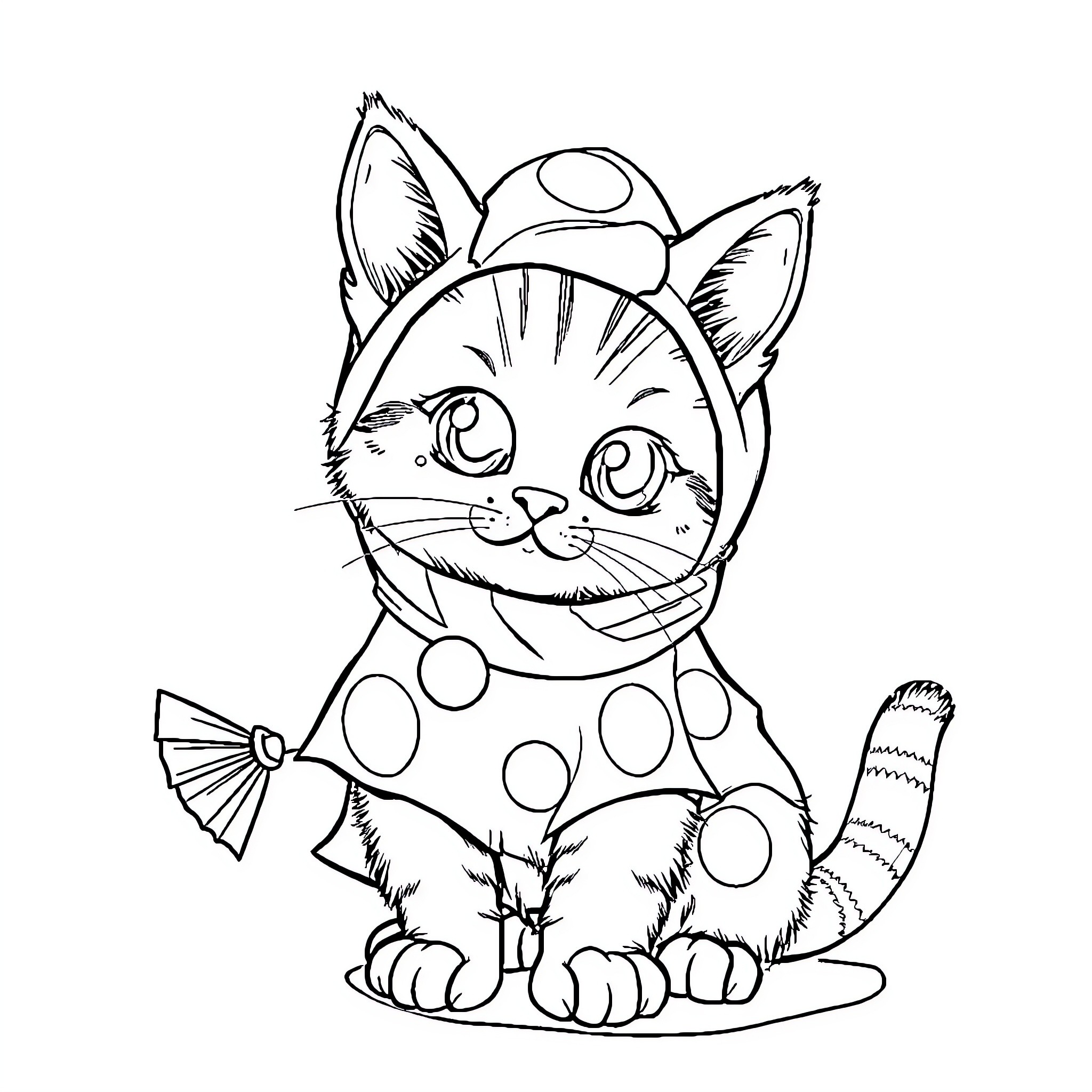 Cat with Mushroom Hat and Polka Dots Coloring Page (free black-and-white line drawing printable PDF for all, from beginners to advanced learners, including children, teens, adults, and seniors)