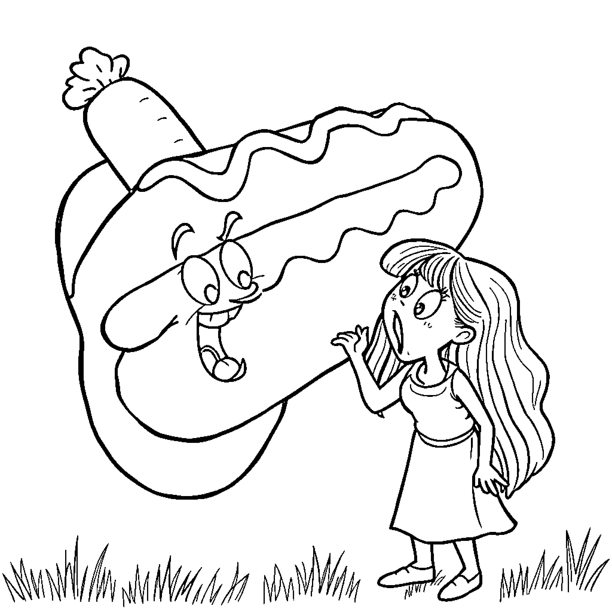 Hotdog amusing a girl in the park Coloring Page (free black-and-white line drawing printable PDF for all, from beginners to advanced learners, including children, teens, adults, and seniors)