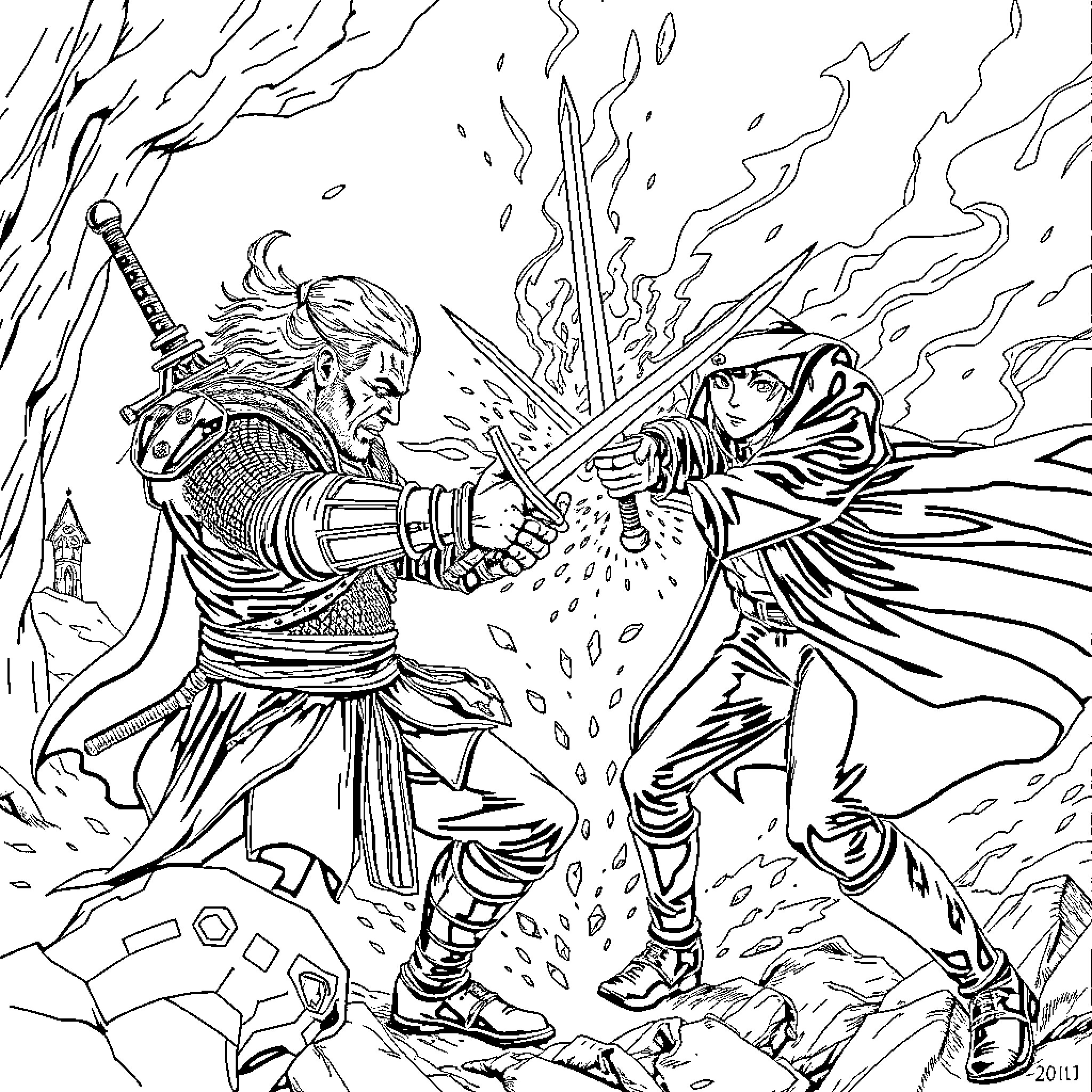 Witcher's Clash of Swords and Sorcery Coloring Page (free black-and-white line drawing printable PDF for all, from beginners to advanced learners, including children, teens, adults, and seniors)