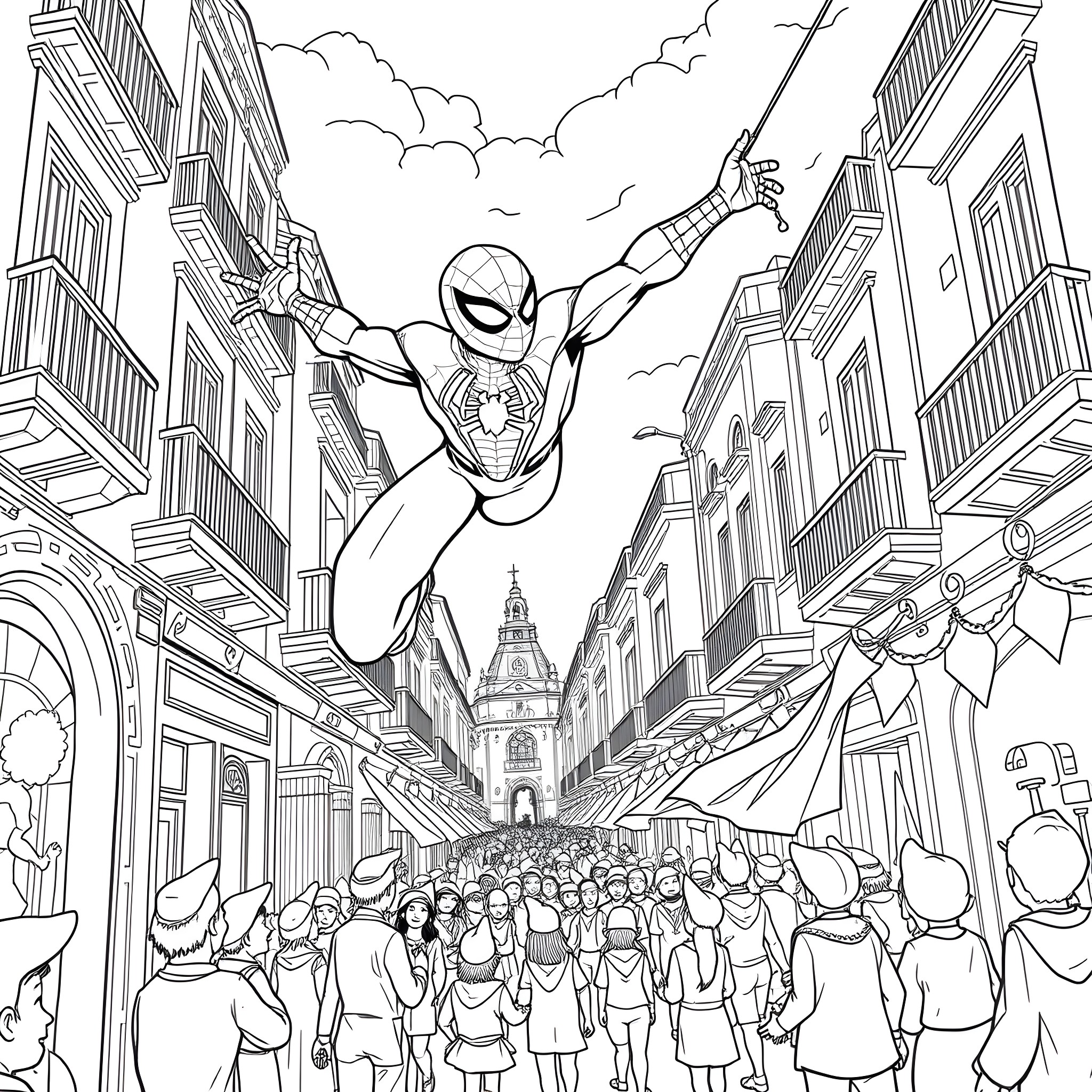 Spiderman swinging above a bustling city street Coloring Page (free black-and-white line drawing printable PDF for all, from beginners to advanced learners, including children, teens, adults, and seniors)