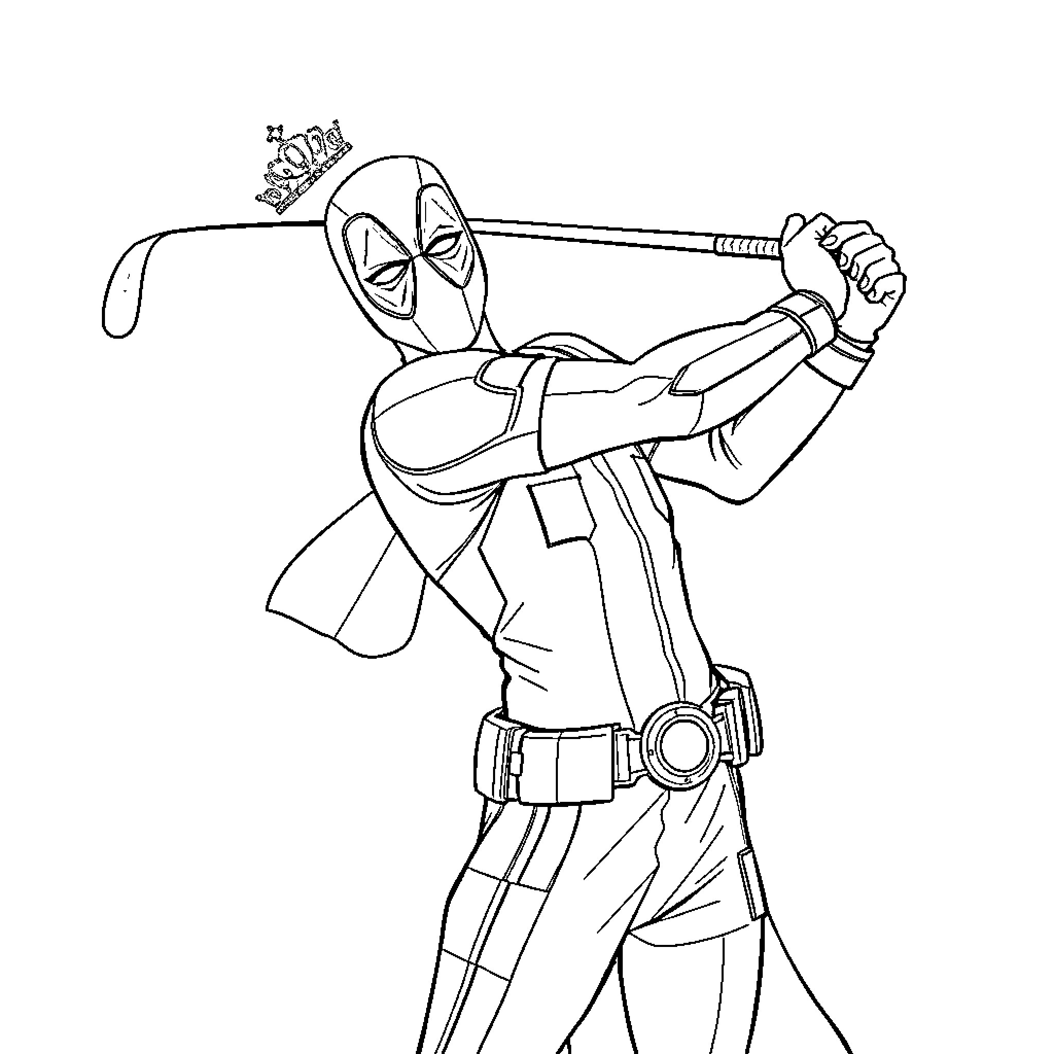 Deadpool in heroic action pose with weapon Coloring Page (free black-and-white line drawing printable PDF for all, from beginners to advanced learners, including children, teens, adults, and seniors)