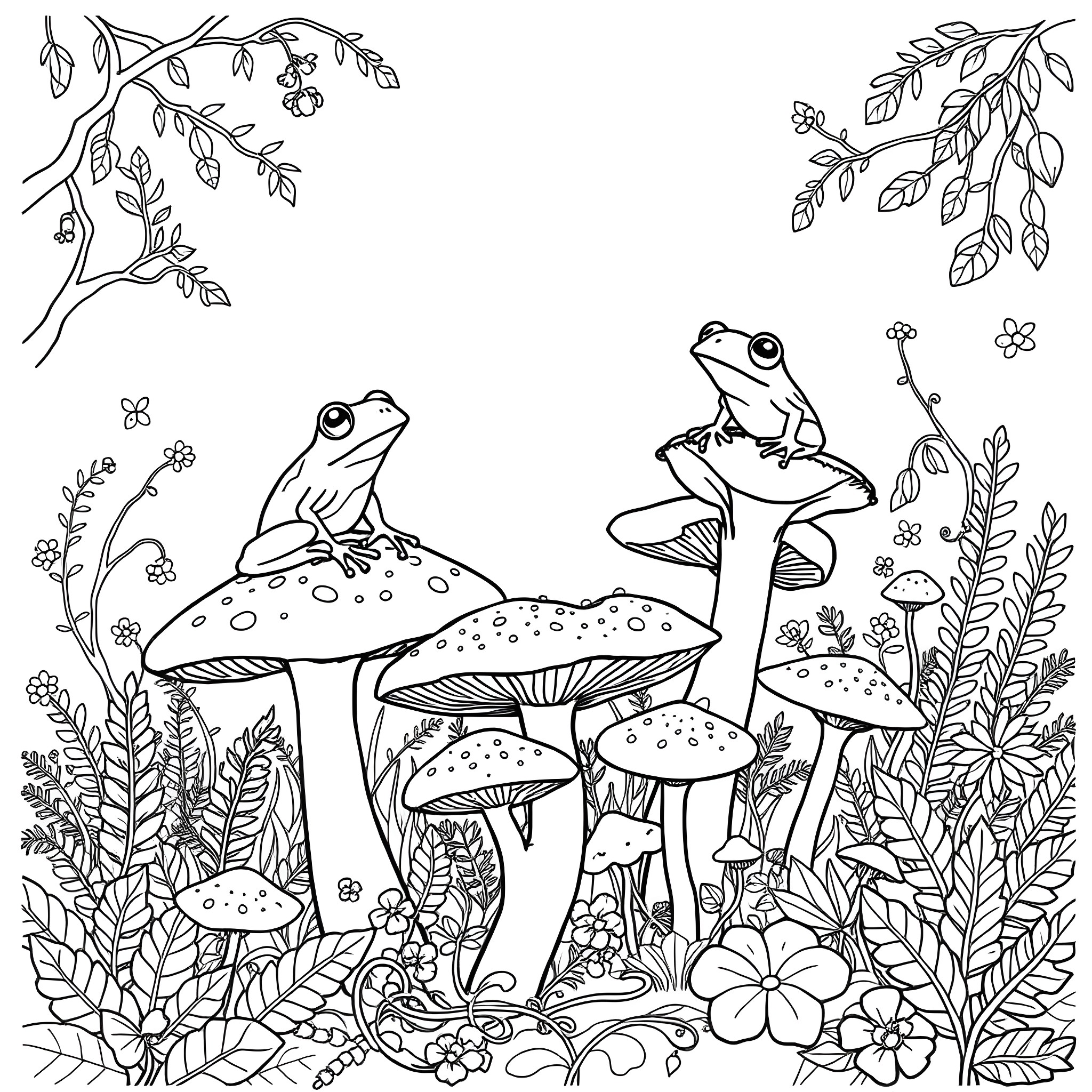 Mushroom-themed nature scene with frogs and flowers Coloring Page (free black-and-white line drawing printable PDF for all, from beginners to advanced learners, including children, teens, adults, and seniors)