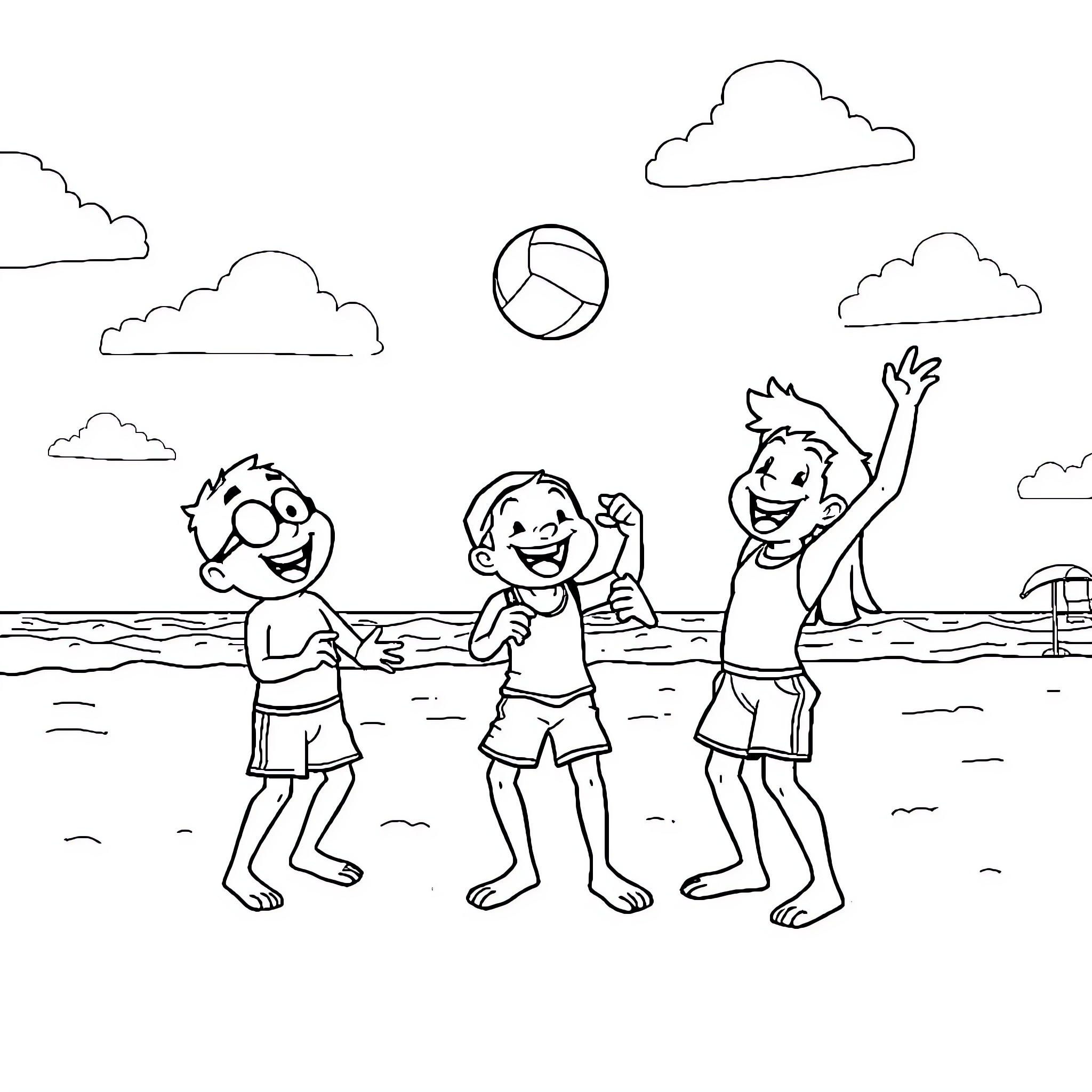 Bluey and friends playing beach volleyball Coloring Page (free black-and-white line drawing printable PDF for all, from beginners to advanced learners, including children, teens, adults, and seniors)