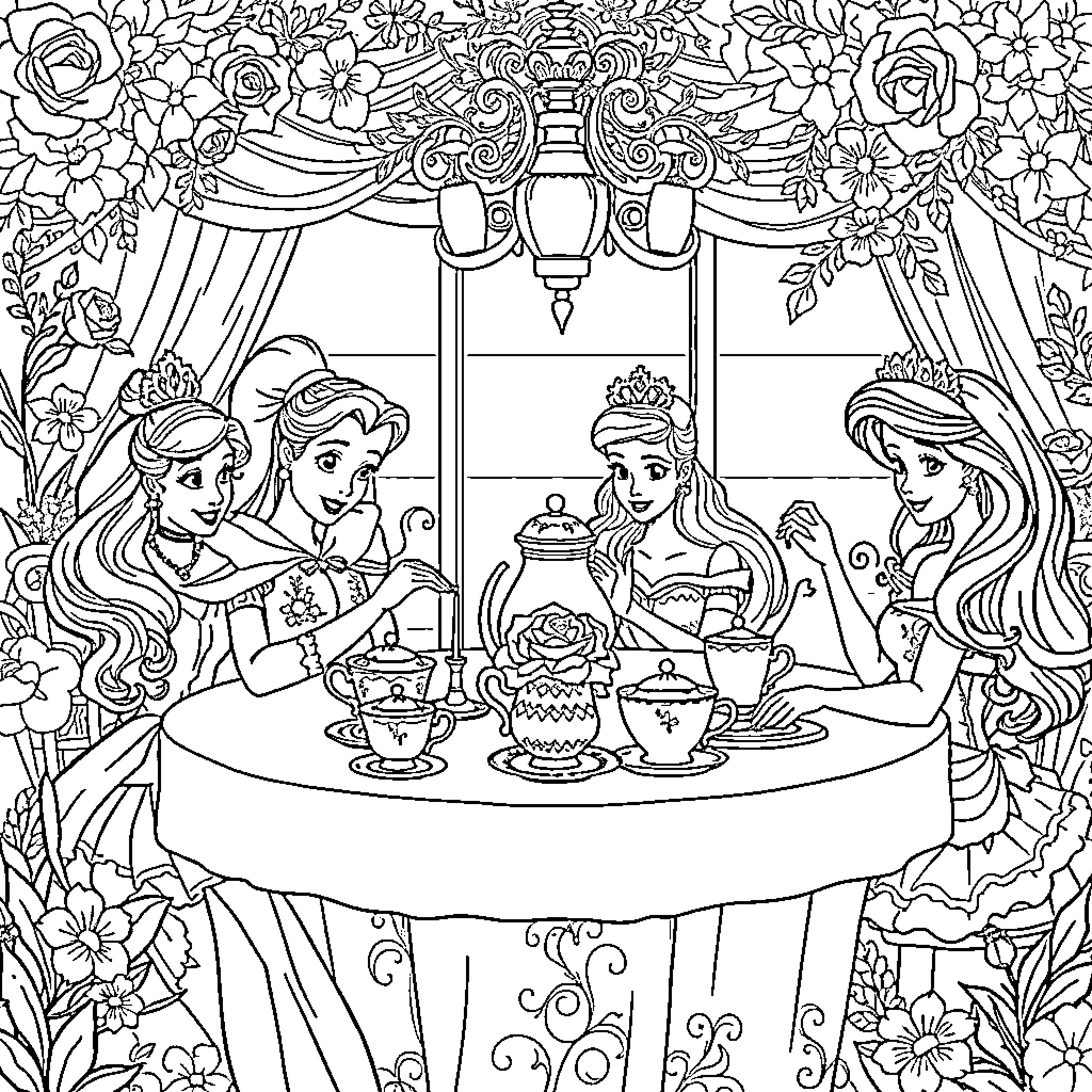 Princess Tea Party with Elegant Florals Coloring Page (free black-and-white line drawing printable PDF for all, from beginners to advanced learners, including children, teens, adults, and seniors)