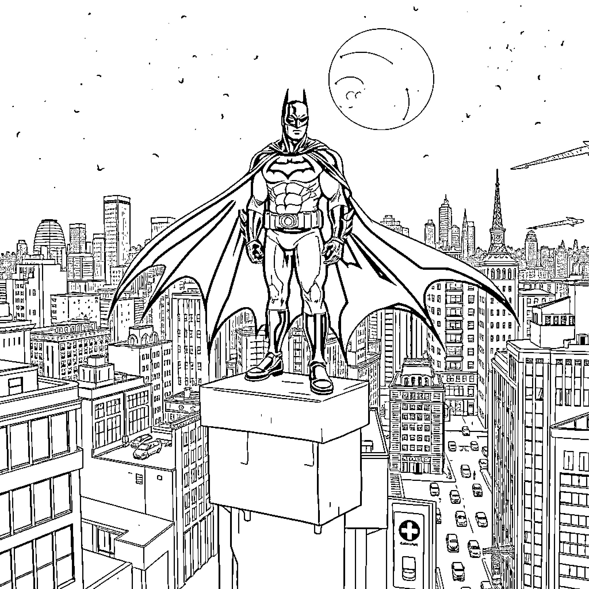 Batman standing vigilantly over the city skyline Coloring Page (free black-and-white line drawing printable PDF for all, from beginners to advanced learners, including children, teens, adults, and seniors)