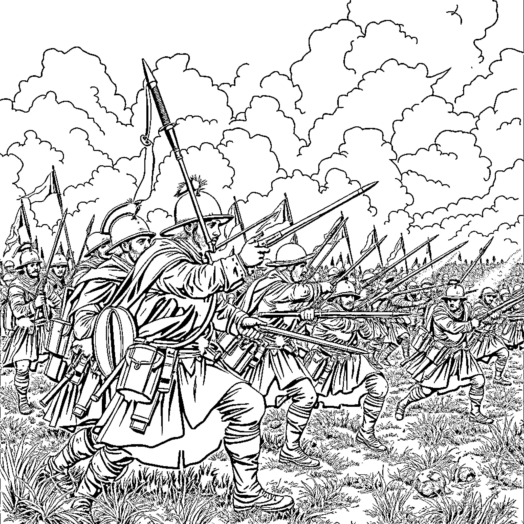 Ancient War: Fierce Battle with Armored Soldiers Coloring Page (free black-and-white line drawing printable PDF for all, from beginners to advanced learners, including children, teens, adults, and seniors)