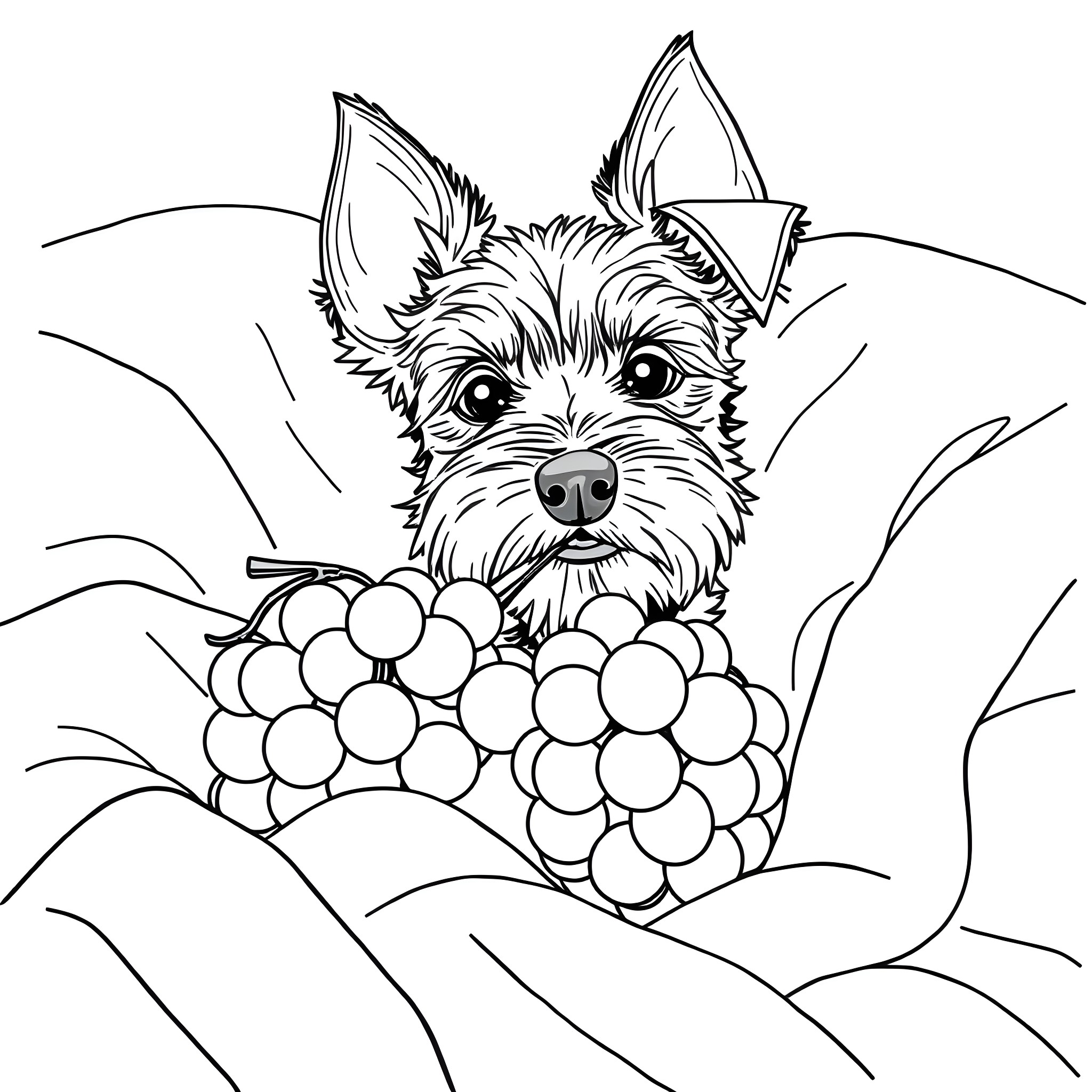 Schnauzer puppy with a basket of grapes Coloring Page (free black-and-white line drawing printable PDF for all, from beginners to advanced learners, including children, teens, adults, and seniors)
