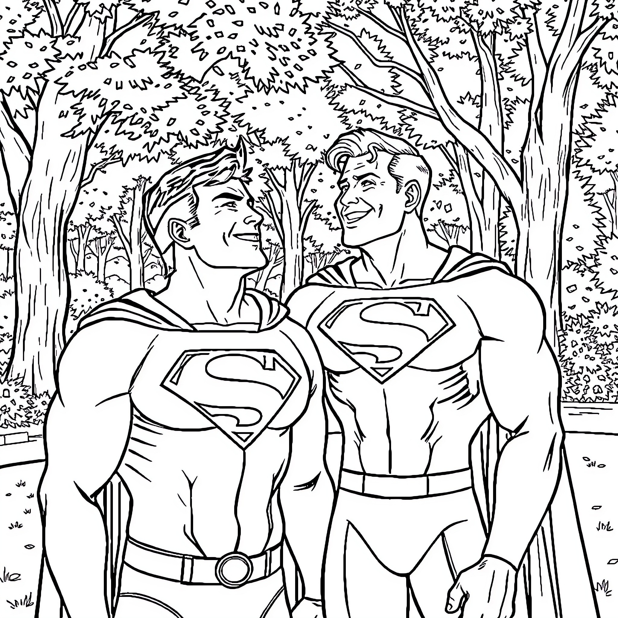 Superman heroes sharing a joyful moment in the forest Coloring Page (free black-and-white line drawing printable PDF for all, from beginners to advanced learners, including children, teens, adults, and seniors)