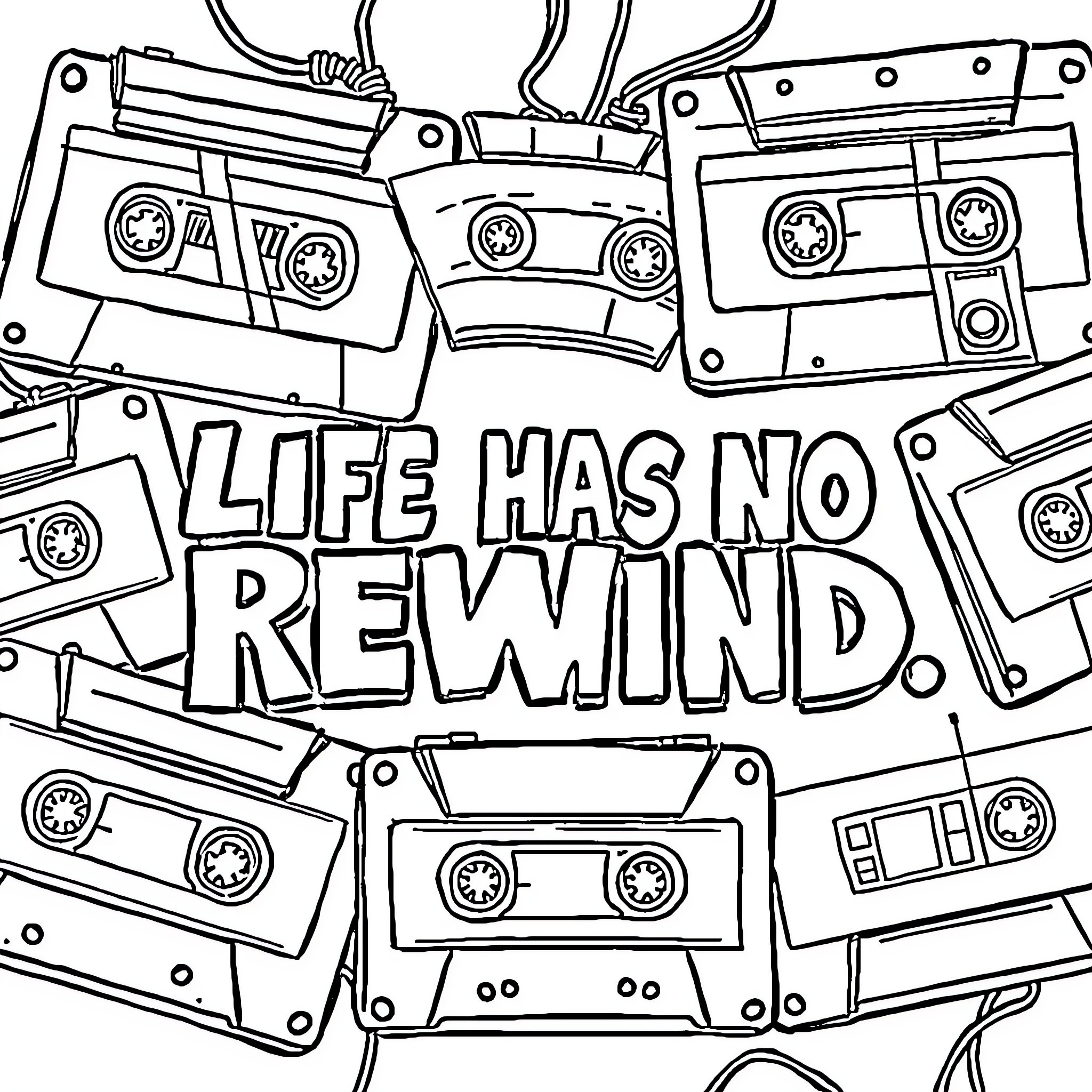 Cassette Tapes Expressing Life Has No Rewind Coloring Page (free black-and-white line drawing printable PDF for all, from beginners to advanced learners, including children, teens, adults, and seniors)