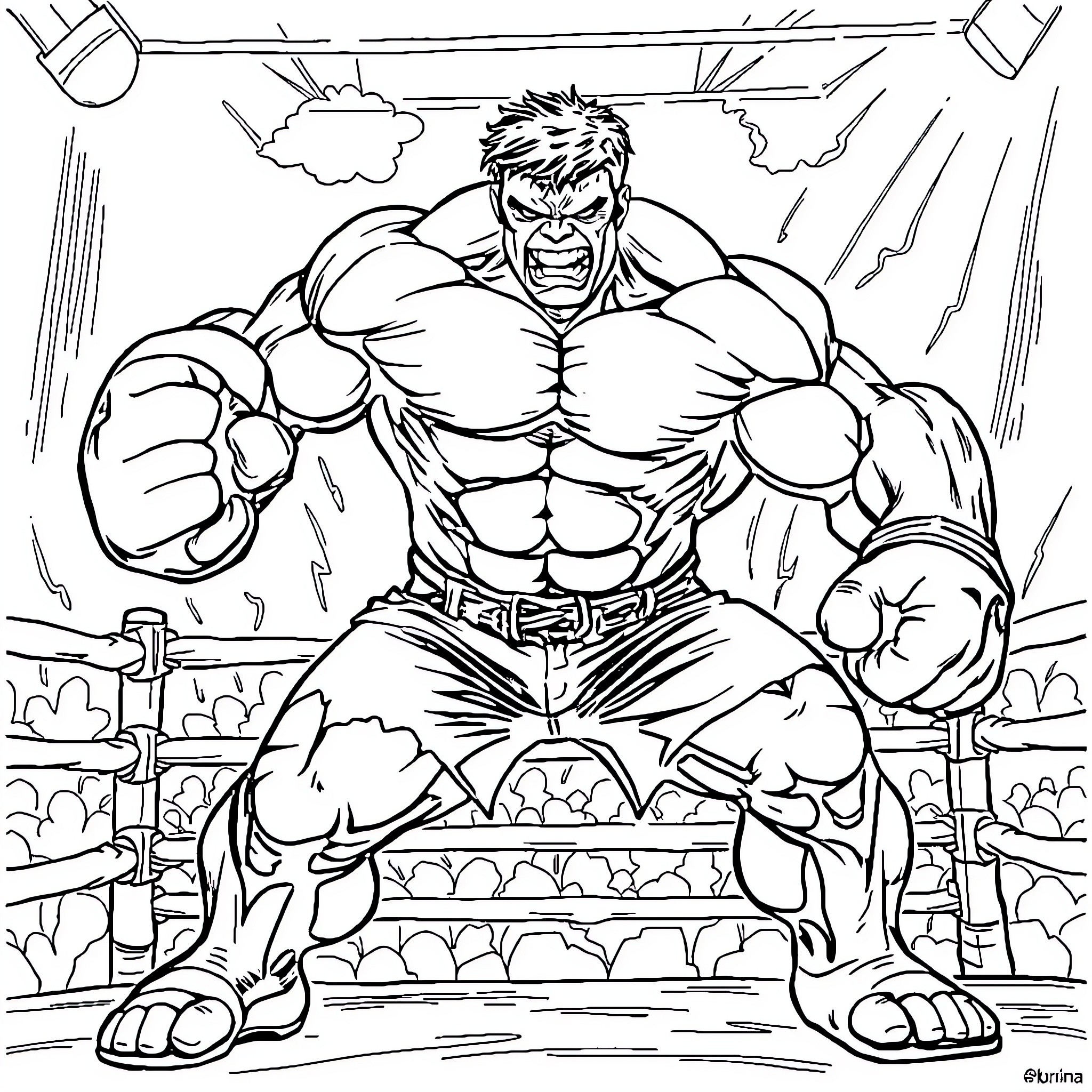 Hulk unleashing his powerful rage in the arena Coloring Page (free black-and-white line drawing printable PDF for all, from beginners to advanced learners, including children, teens, adults, and seniors)