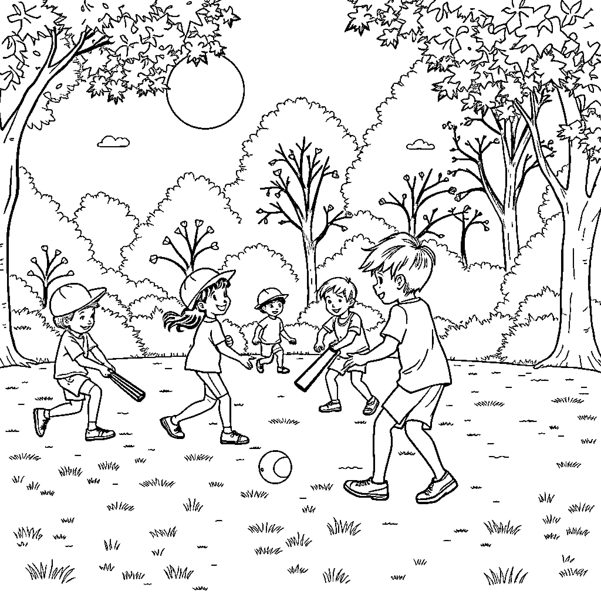 Kid playing sports in a park on a sunny day Coloring Page (free black-and-white line drawing printable PDF for all, from beginners to advanced learners, including children, teens, adults, and seniors)