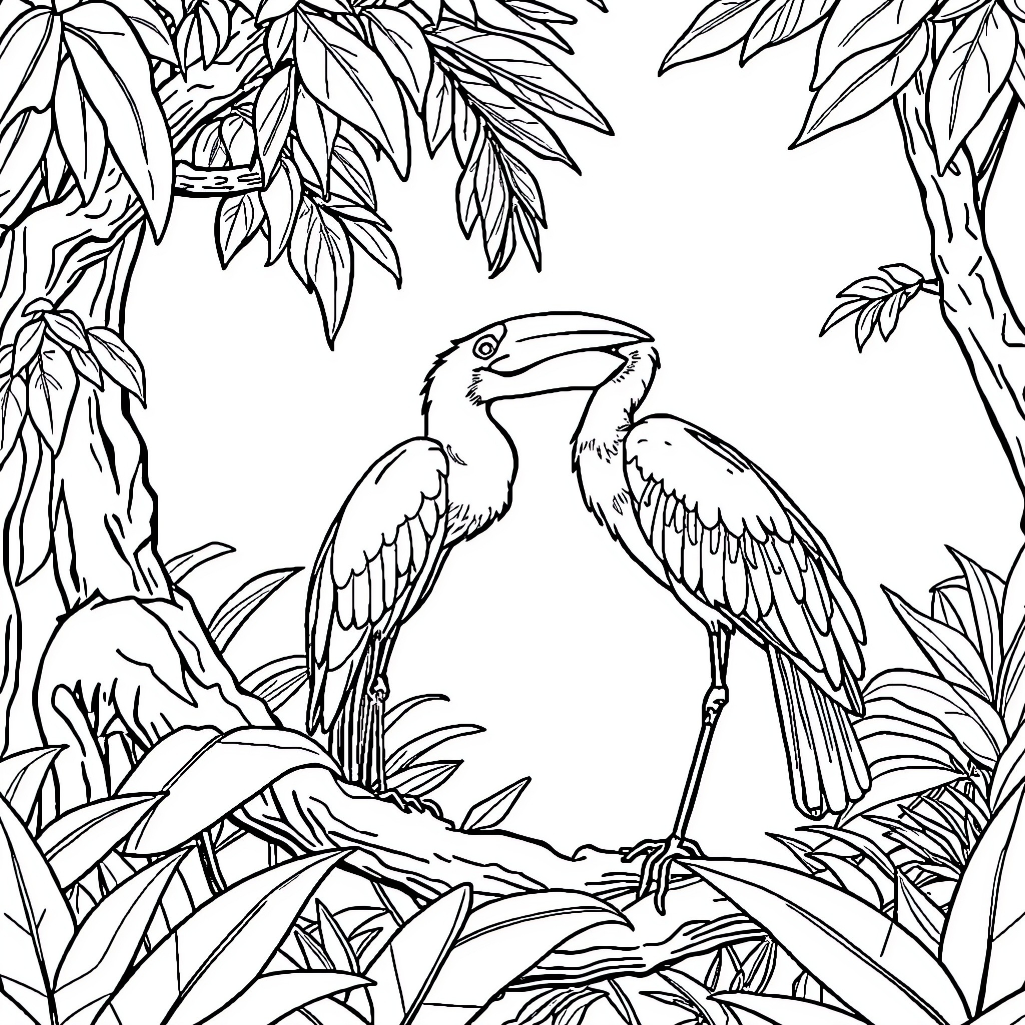 Animal pair of toucan birds in tropical foliage Coloring Page (free black-and-white line drawing printable PDF for all, from beginners to advanced learners, including children, teens, adults, and seniors)