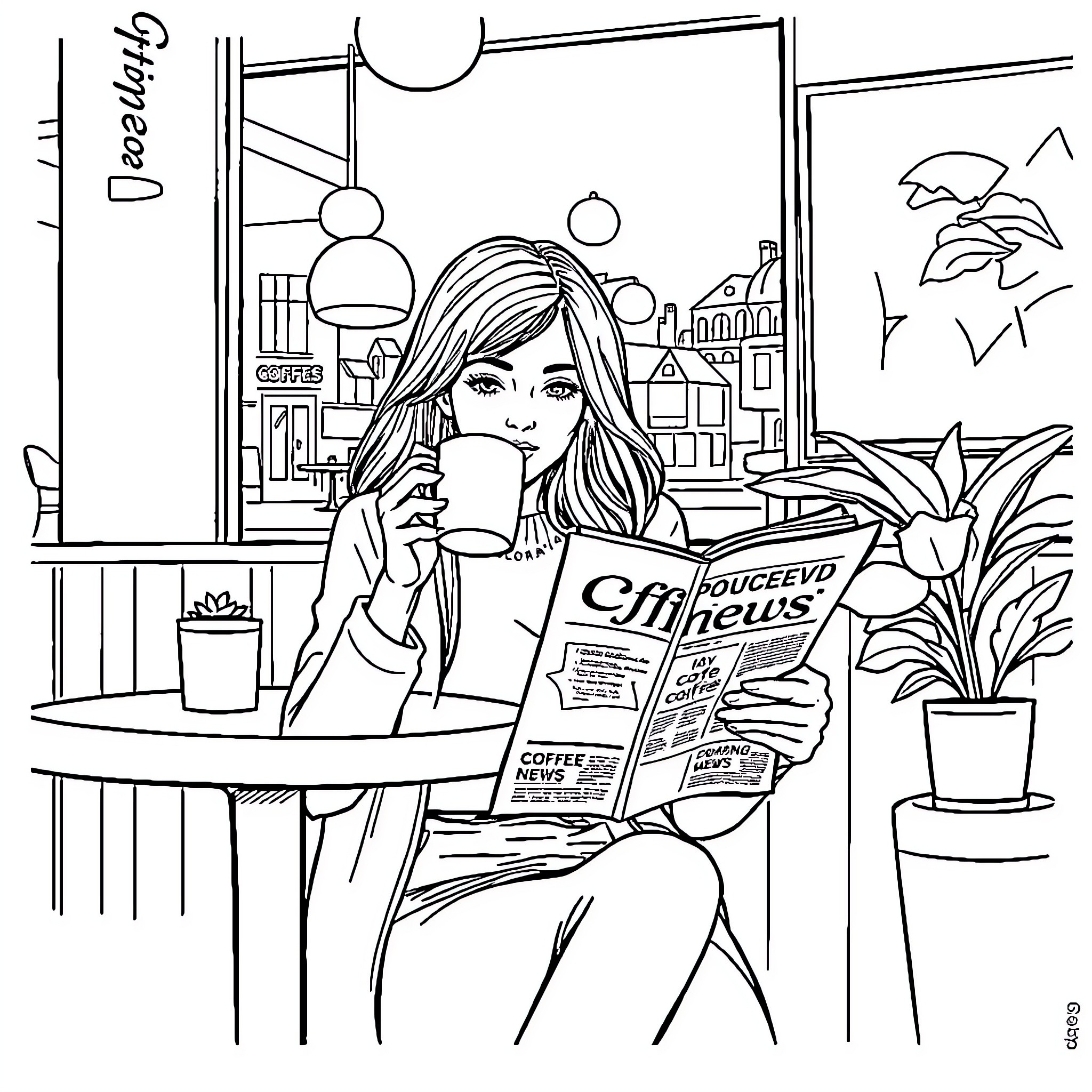 Woman enjoying coffee and reading newspaper in cozy cafe Coloring Page (free black-and-white line drawing printable PDF for all, from beginners to advanced learners, including children, teens, adults, and seniors)