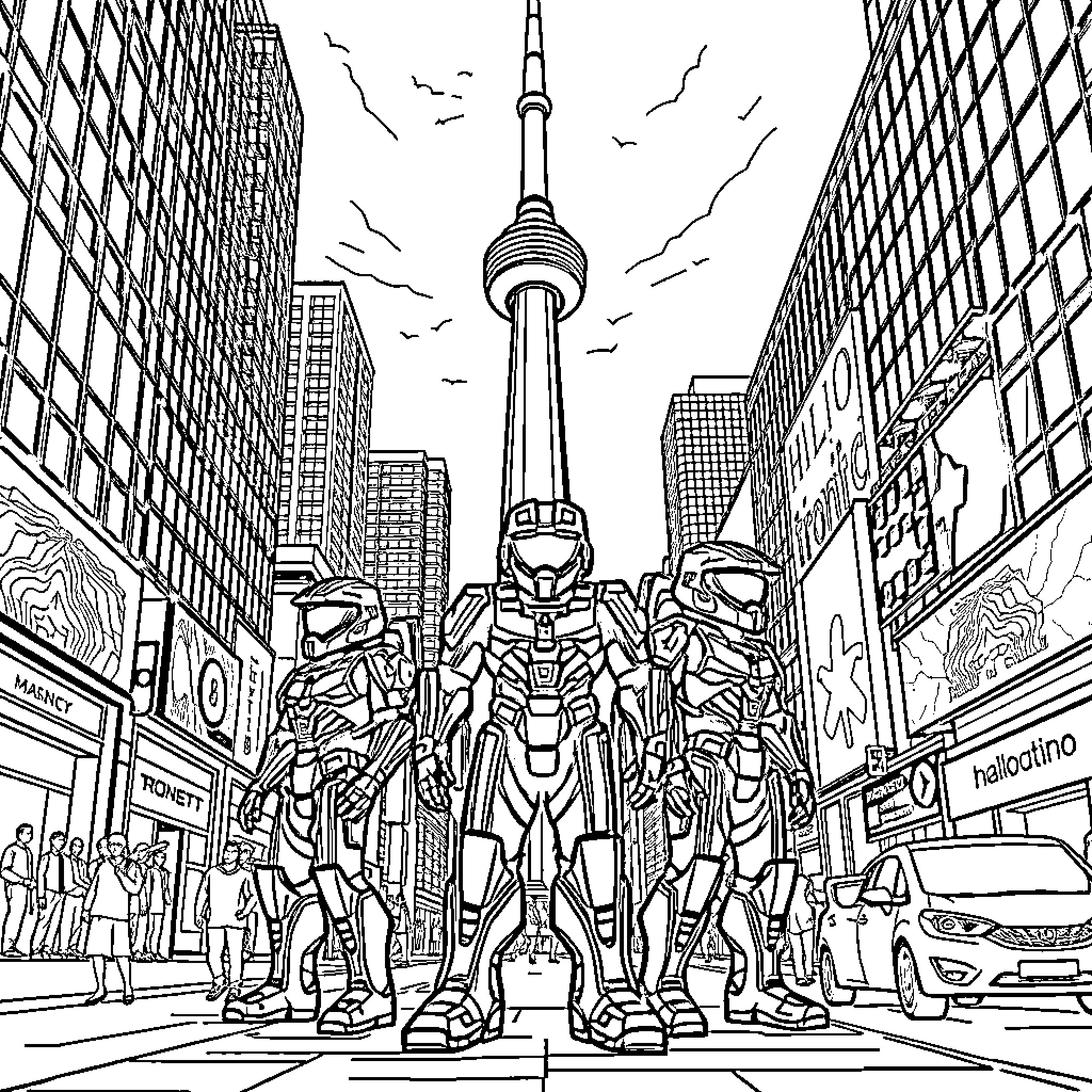 Halo: Massive Mech Towering Over Cityscape Coloring Page (free black-and-white line drawing printable PDF for all, from beginners to advanced learners, including children, teens, adults, and seniors)