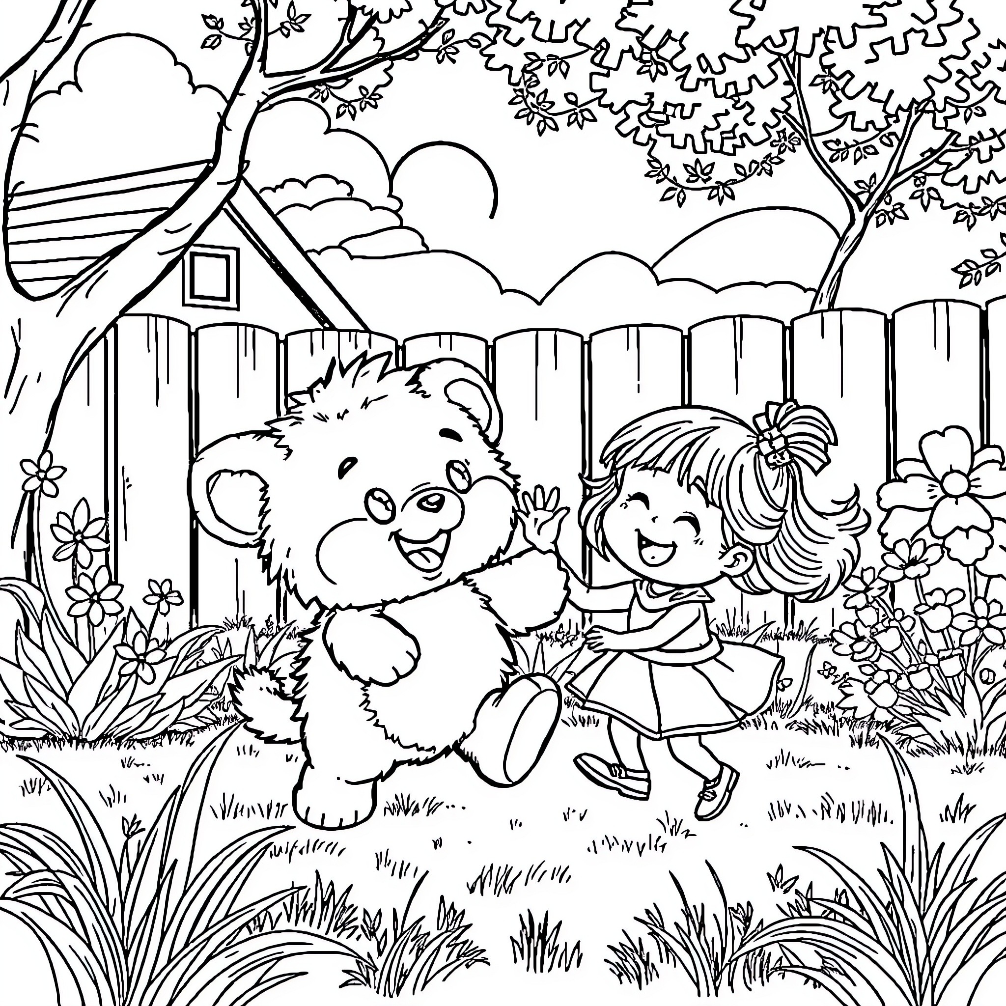 Labubu's Joyful Adventure in the Backyard Coloring Page (free black-and-white line drawing printable PDF for all, from beginners to advanced learners, including children, teens, adults, and seniors)