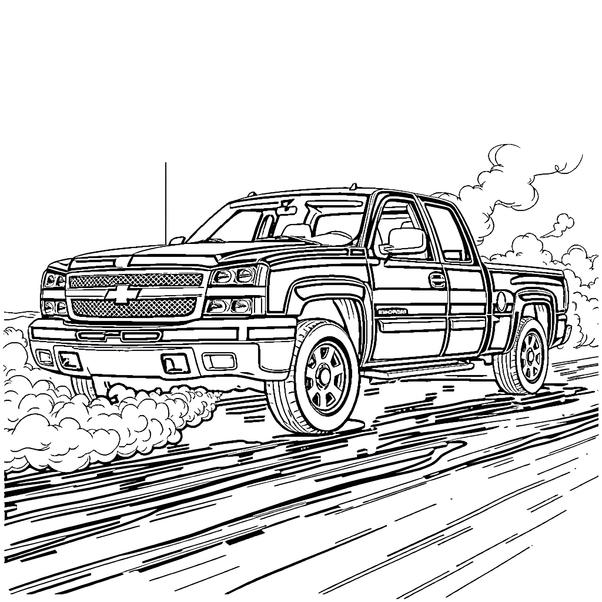 Silverado Truck Traversing Rugged Terrain Coloring Page (free black-and-white line drawing printable PDF for all, from beginners to advanced learners, including children, teens, adults, and seniors)
