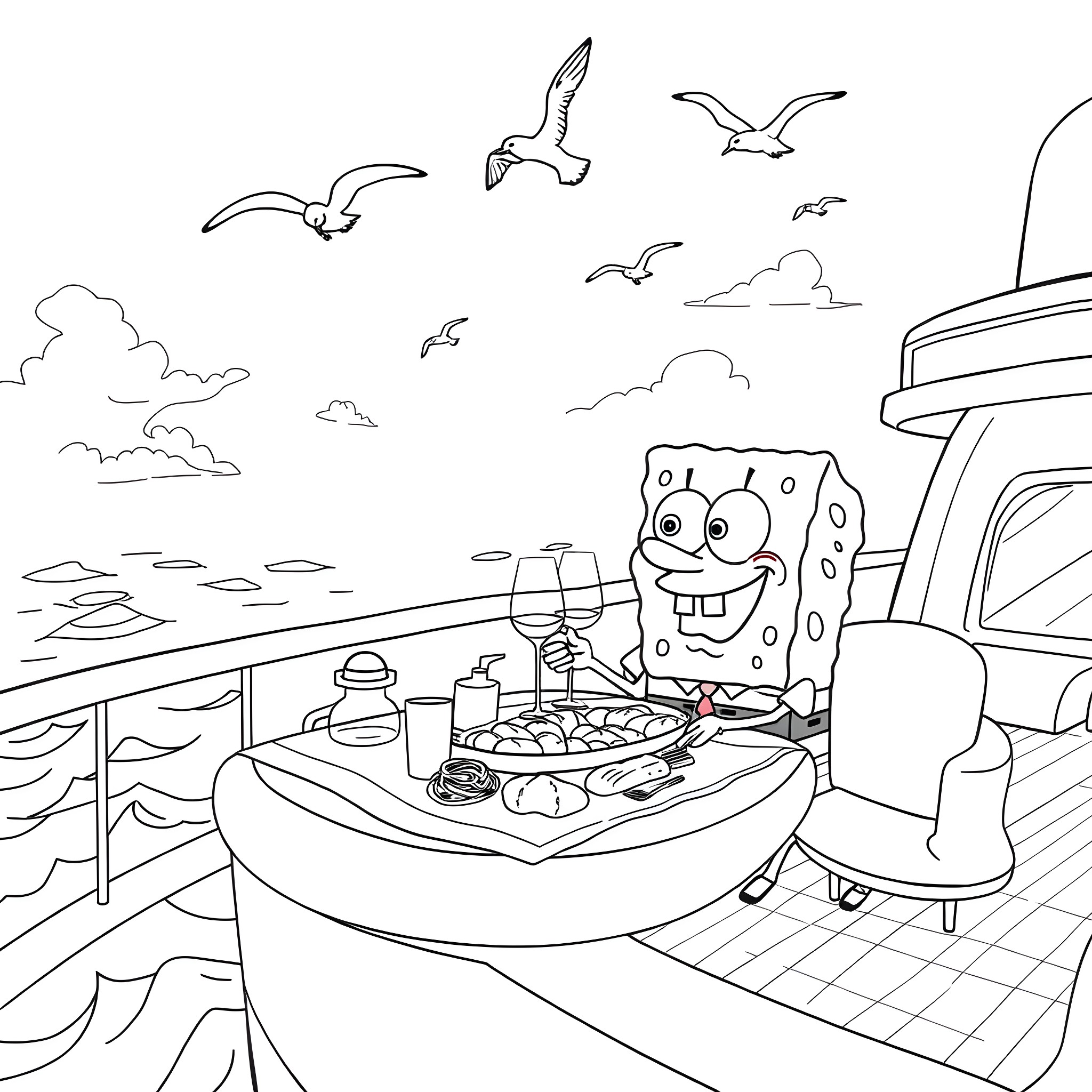Bluey enjoying a picnic on a boat Coloring Page (free black-and-white line drawing printable PDF for all, from beginners to advanced learners, including children, teens, adults, and seniors)