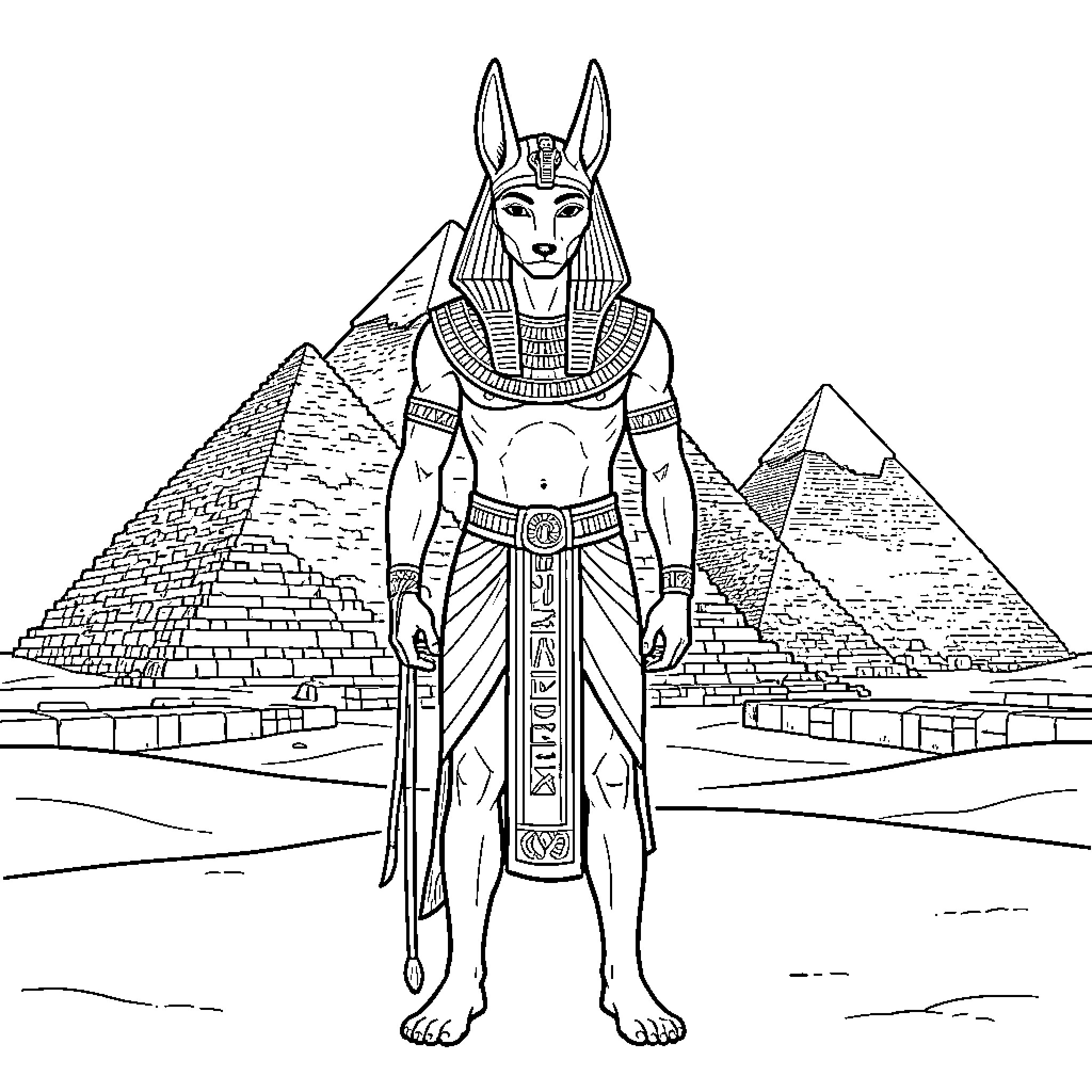 Anubis, the jackal-headed god, stands before the pyramids Coloring Page (free black-and-white line drawing printable PDF for all, from beginners to advanced learners, including children, teens, adults, and seniors)