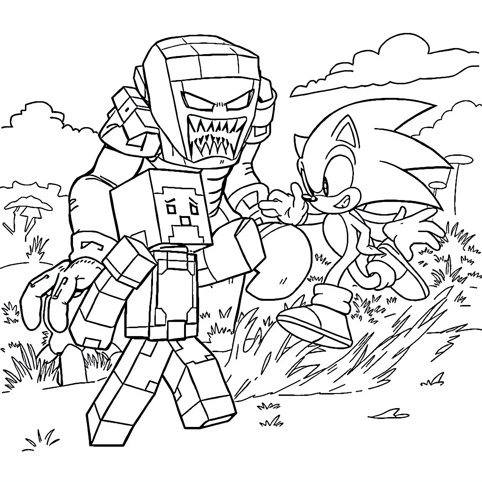 Steve's Adventure with Robotic Creature and Speedy Companion Coloring Page (free black-and-white line drawing printable PDF for all, from beginners to advanced learners, including children, teens, adults, and seniors)