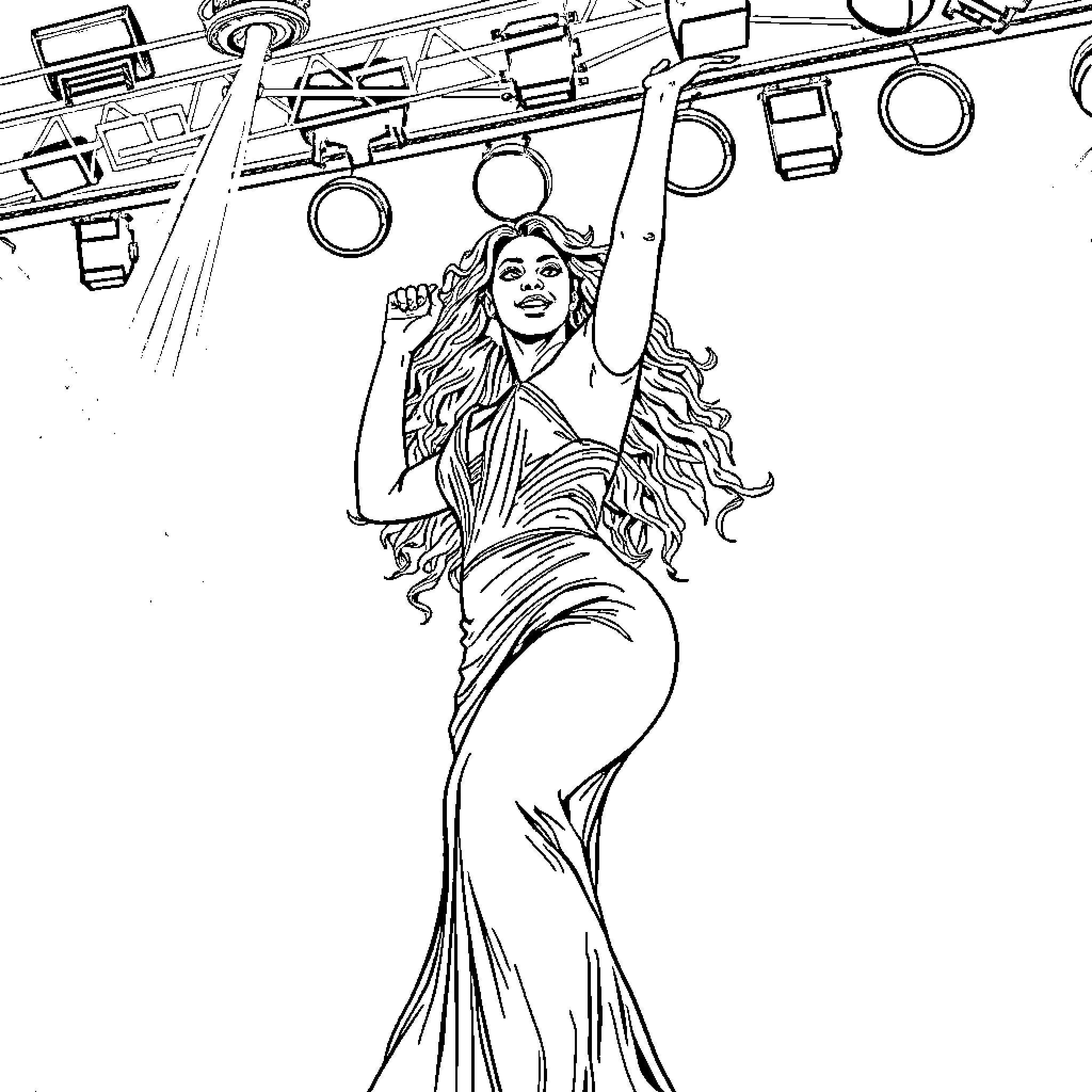 Beyonce performing on stage with spotlight Coloring Page (free black-and-white line drawing printable PDF for all, from beginners to advanced learners, including children, teens, adults, and seniors)