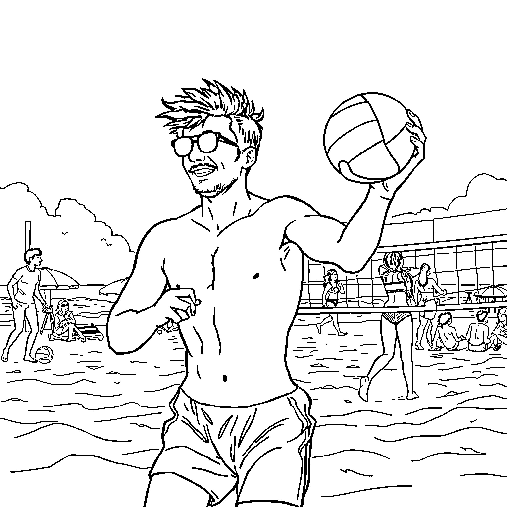 Pedro Pascal playing beach volleyball with friends Coloring Page (free black-and-white line drawing printable PDF for all, from beginners to advanced learners, including children, teens, adults, and seniors)