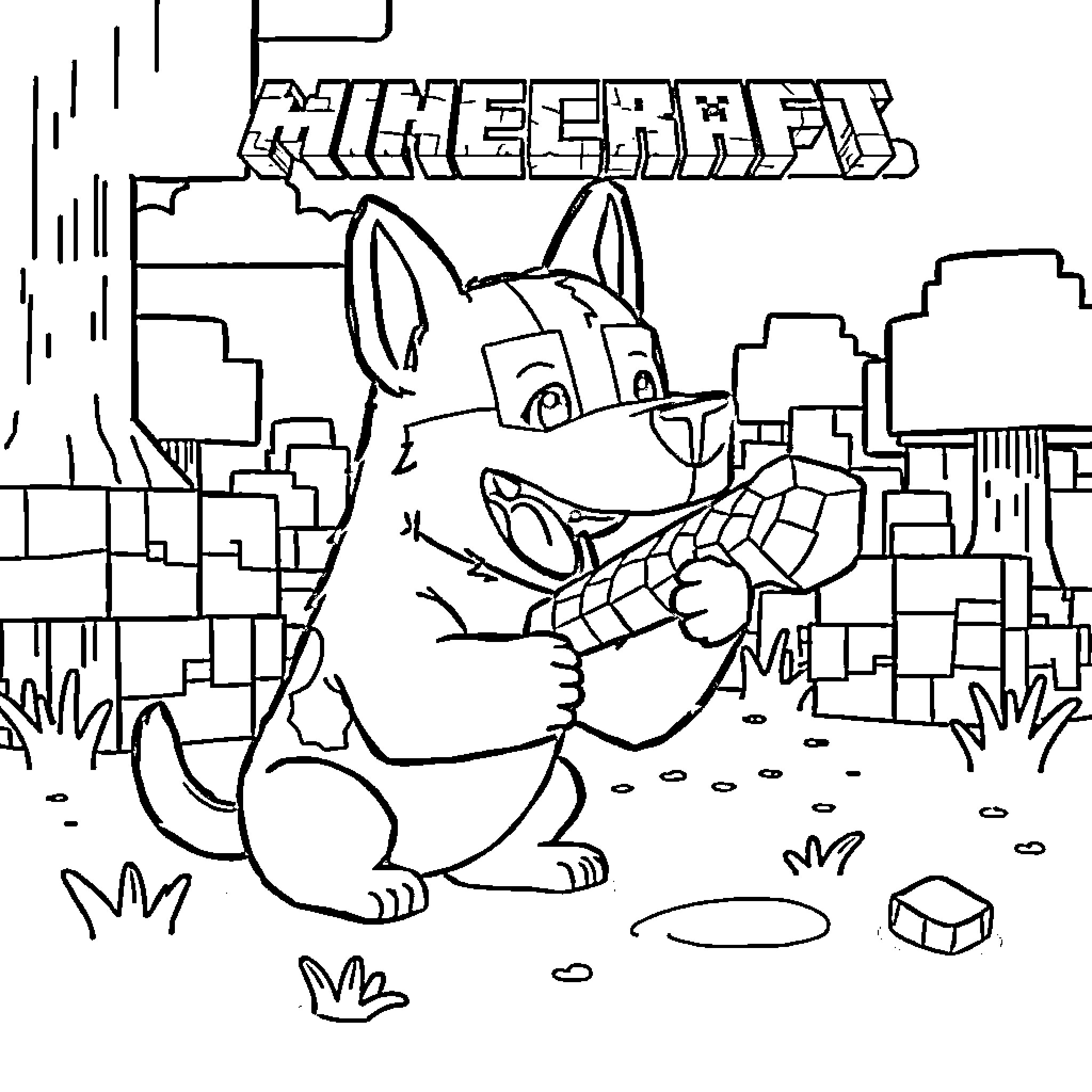 Perro jugando en un mundo de pixeles Coloring Page (free black-and-white line drawing printable PDF for all, from beginners to advanced learners, including children, teens, adults, and seniors)