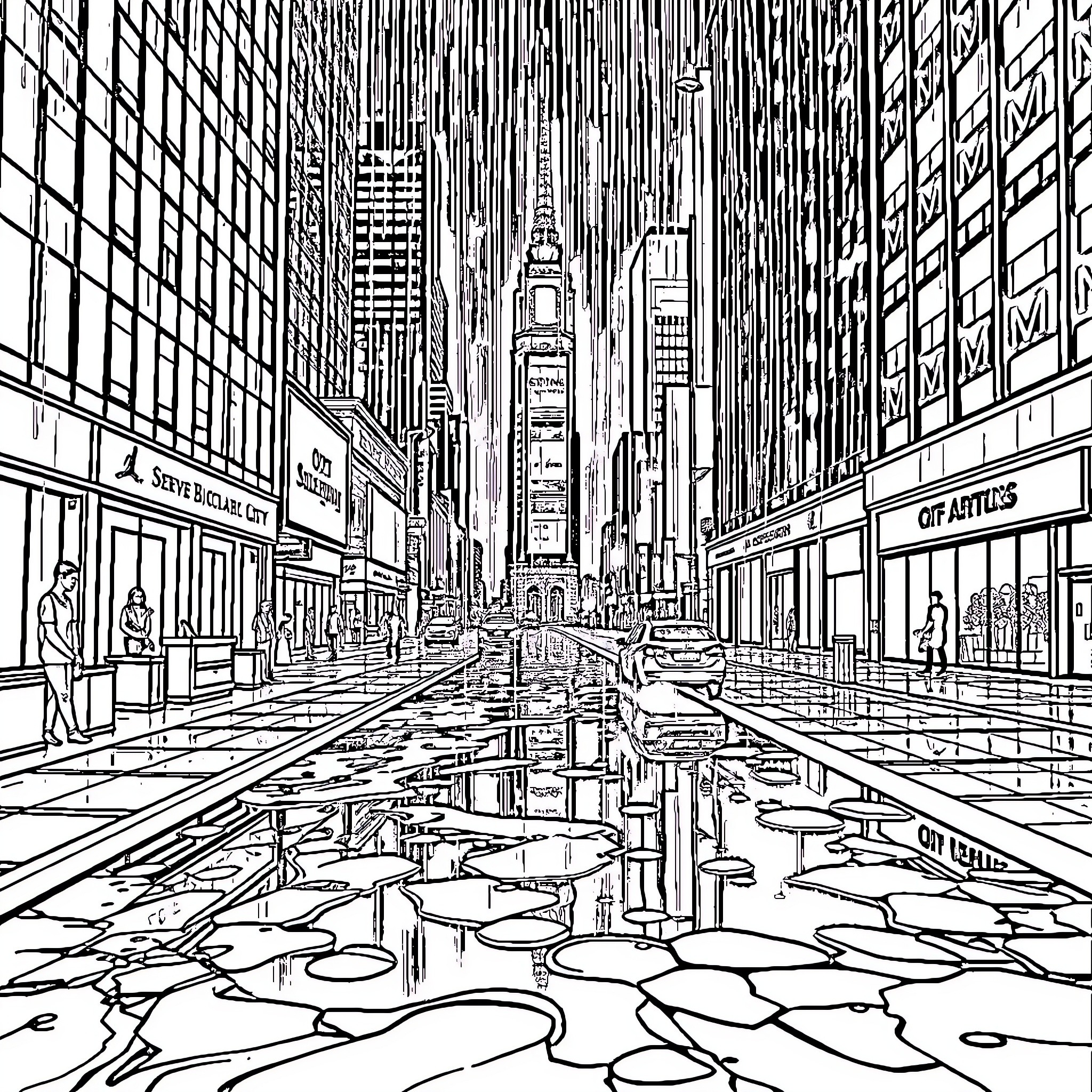 City Street Scene with Busy Pedestrians and Reflections Coloring Page (free black-and-white line drawing printable PDF for all, from beginners to advanced learners, including children, teens, adults, and seniors)