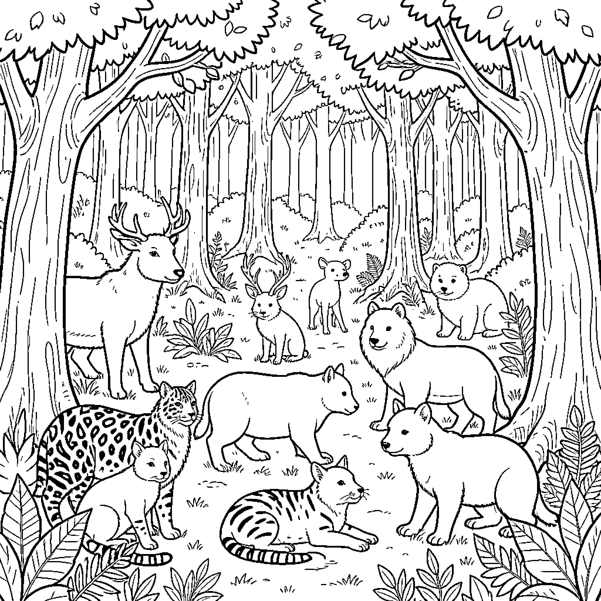 Forest Animal gathering peacefully in a dense woodland Coloring Page (free black-and-white line drawing printable PDF for all, from beginners to advanced learners, including children, teens, adults, and seniors)