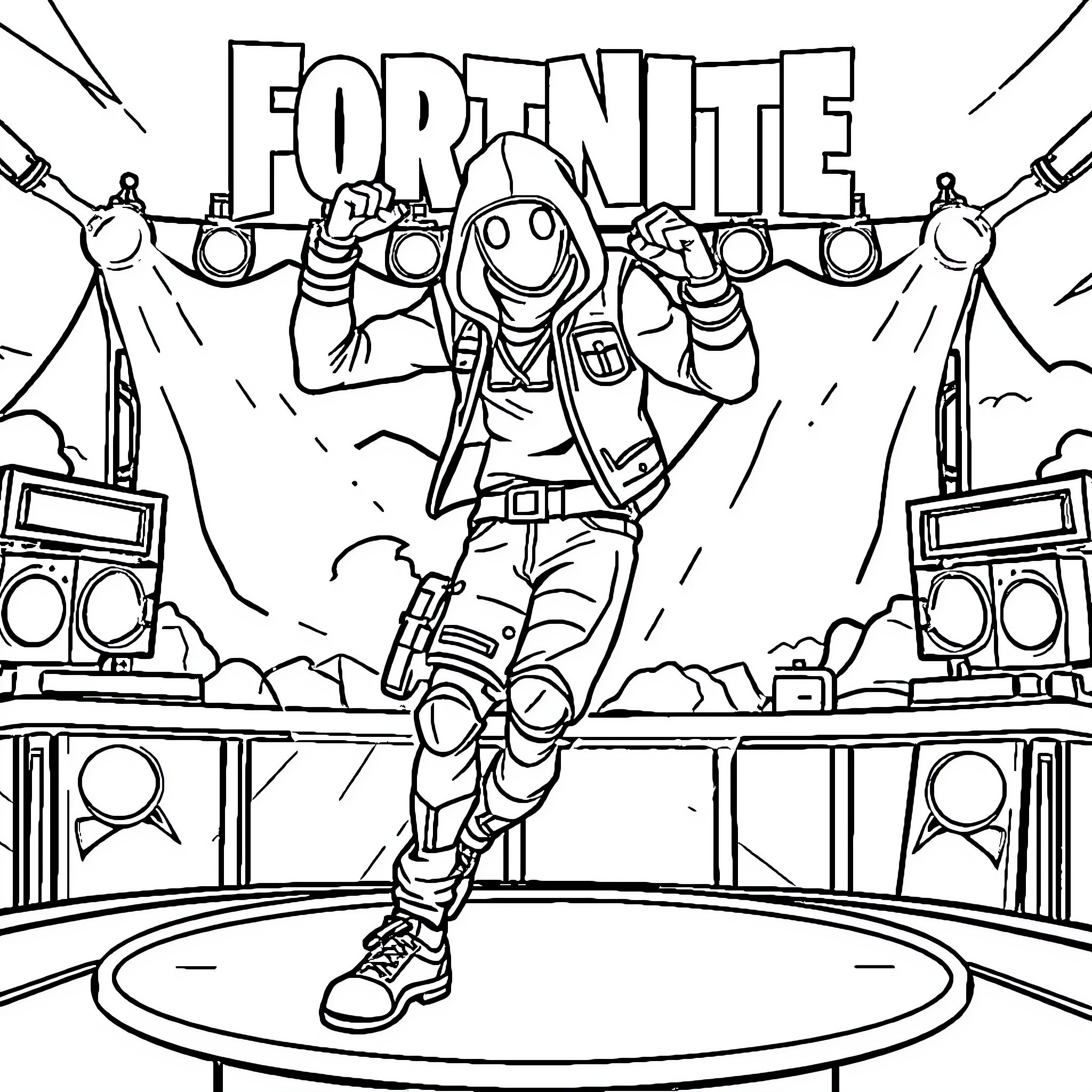 Fortnite Dancer performing on stage with speakers and lights Coloring Page (free black-and-white line drawing printable PDF for all, from beginners to advanced learners, including children, teens, adults, and seniors)