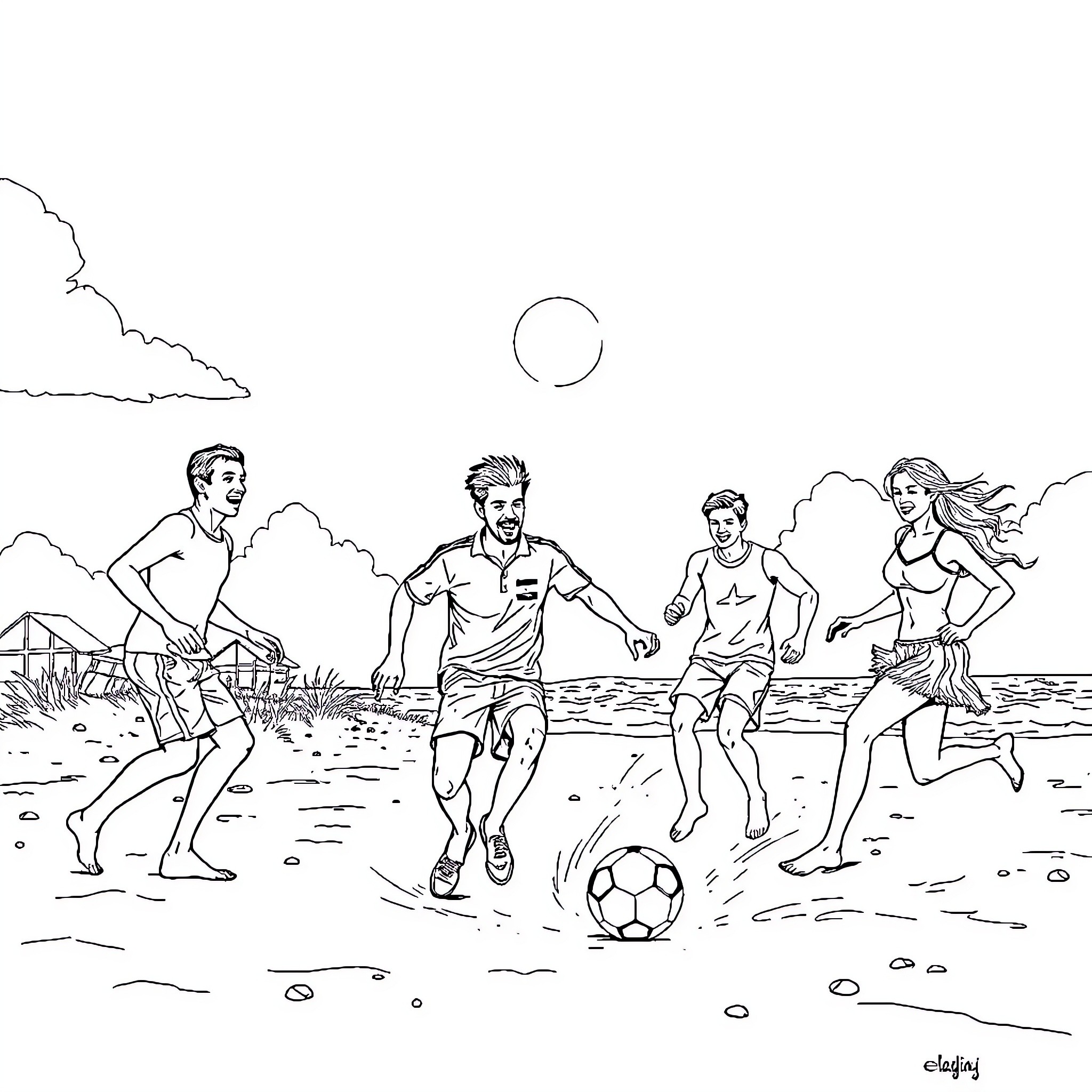 Soccer players enjoying a friendly match on the beach Coloring Page (free black-and-white line drawing printable PDF for all, from beginners to advanced learners, including children, teens, adults, and seniors)