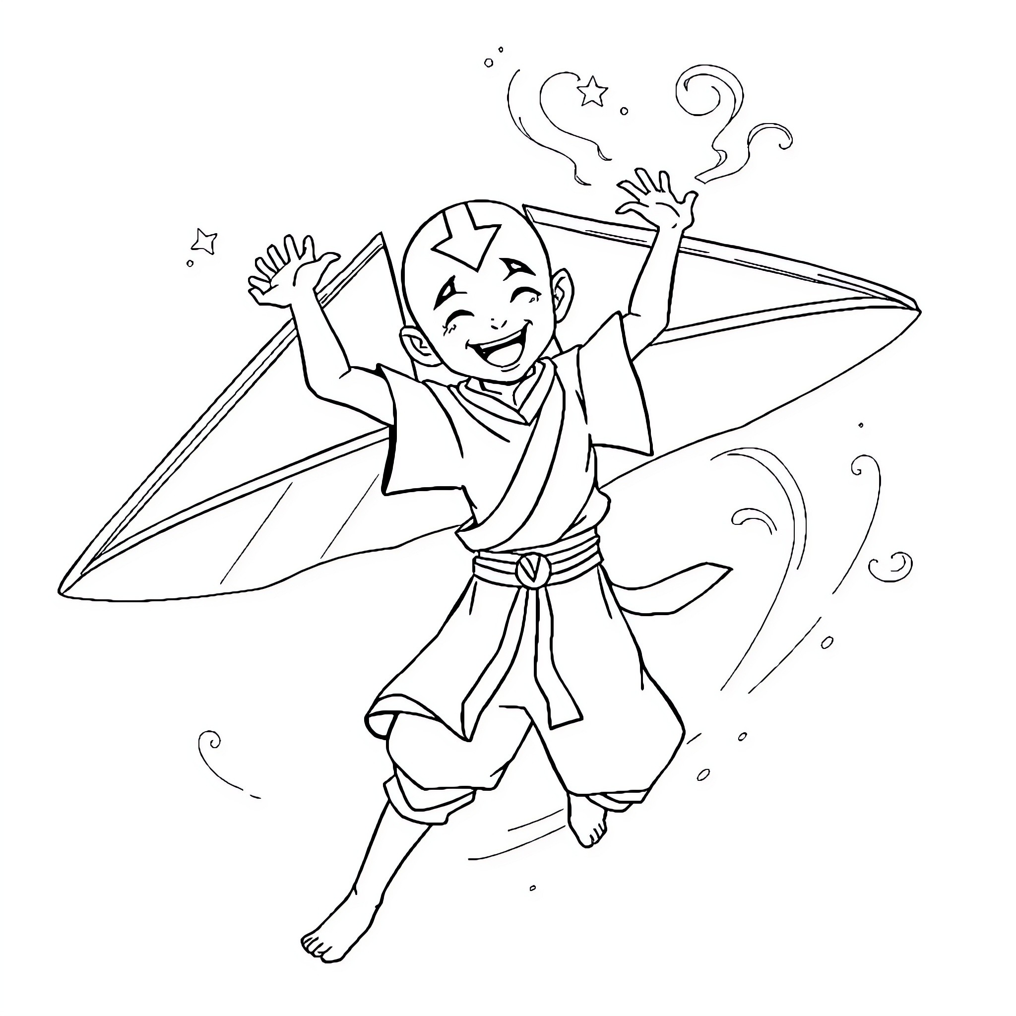 Aang soaring through the air with excitement Coloring Page (free black-and-white line drawing printable PDF for all, from beginners to advanced learners, including children, teens, adults, and seniors)