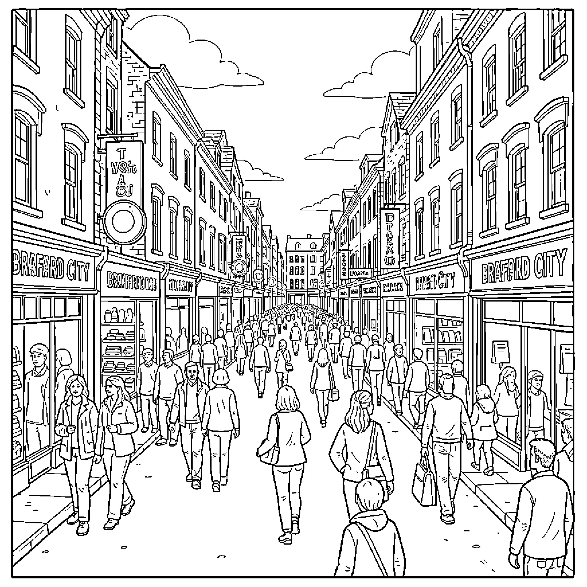 Bradford City street with people walking through shops Coloring Page (free black-and-white line drawing printable PDF for all, from beginners to advanced learners, including children, teens, adults, and seniors)
