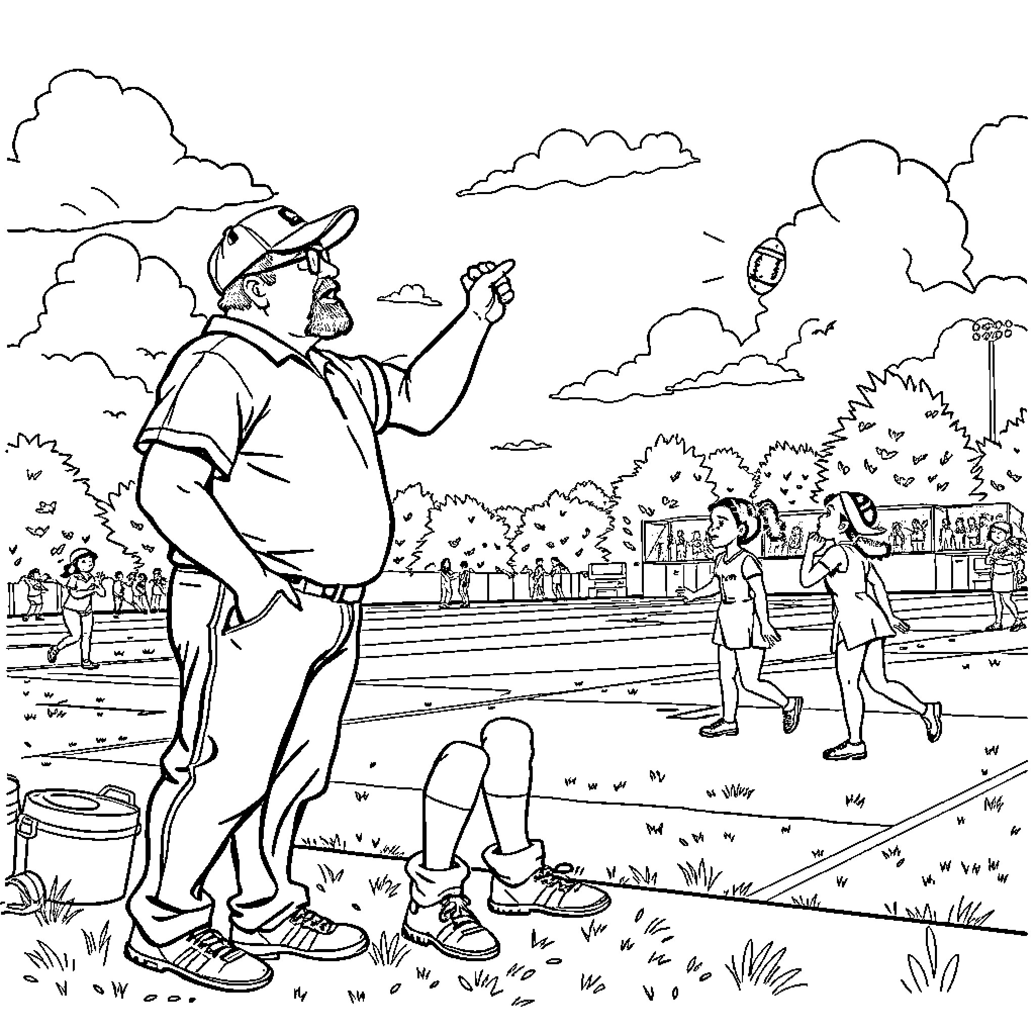 Buff Bagwell enjoys outdoor activities with friends Coloring Page (free black-and-white line drawing printable PDF for all, from beginners to advanced learners, including children, teens, adults, and seniors)