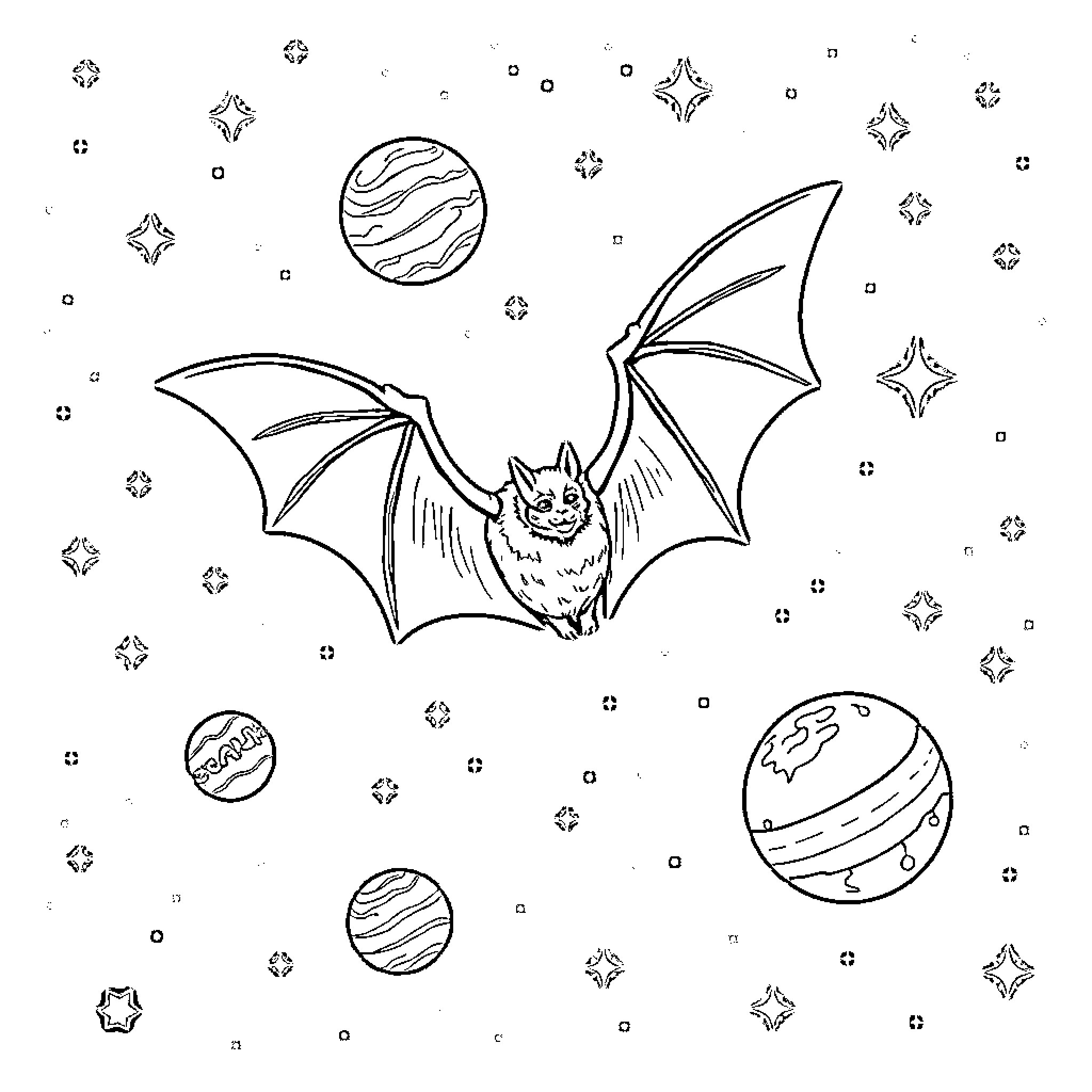 Bat flying amongst the cosmic planets and stars Coloring Page (free black-and-white line drawing printable PDF for all, from beginners to advanced learners, including children, teens, adults, and seniors)