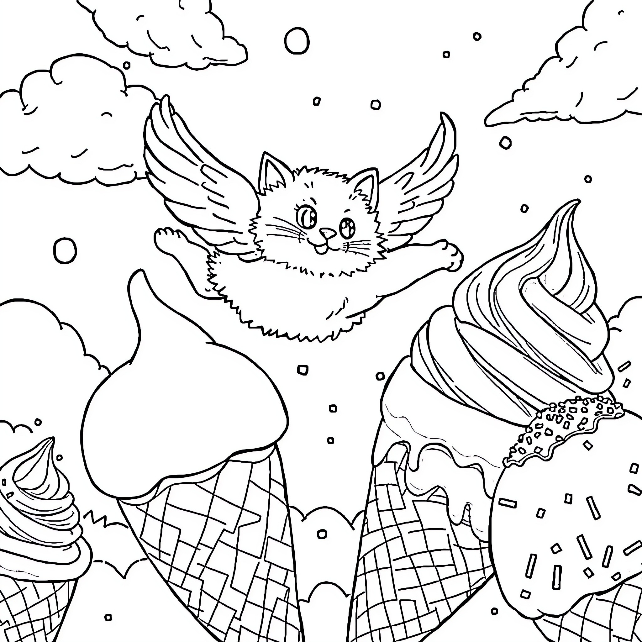 Flying Cat playing in the clouds above ice cream mountains Coloring Page (free black-and-white line drawing printable PDF for all, from beginners to advanced learners, including children, teens, adults, and seniors)