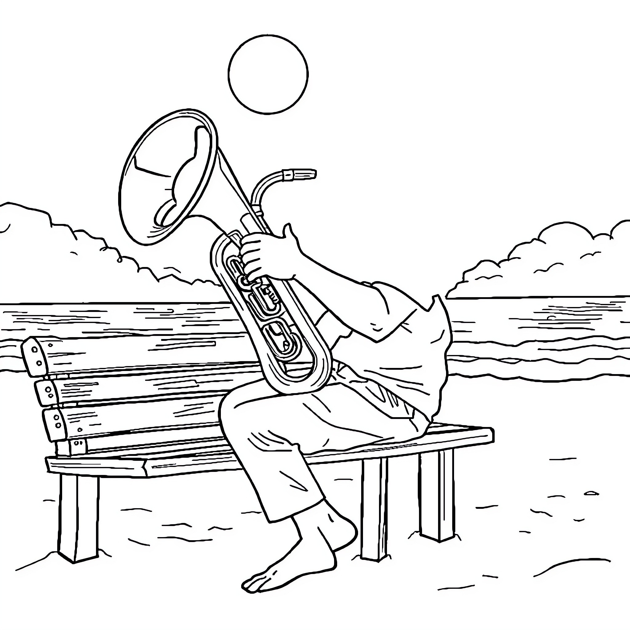 Man playing tuba on a bench by the lake Coloring Page (free black-and-white line drawing printable PDF for all, from beginners to advanced learners, including children, teens, adults, and seniors)