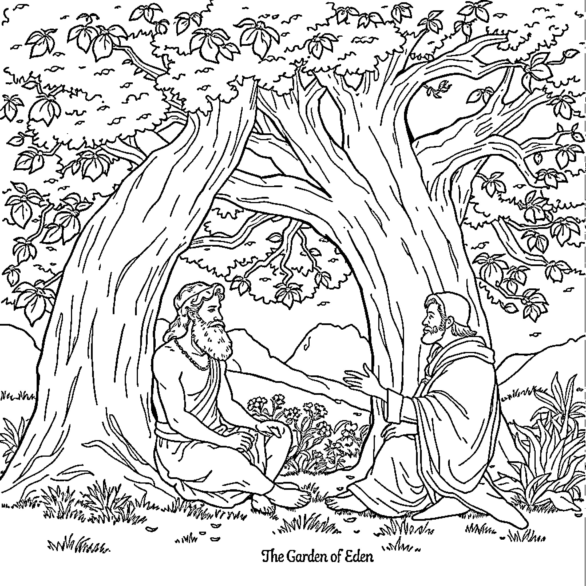 Adam and Eve in the Garden of Eden Coloring Page (free black-and-white line drawing printable PDF for all, from beginners to advanced learners, including children, teens, adults, and seniors)